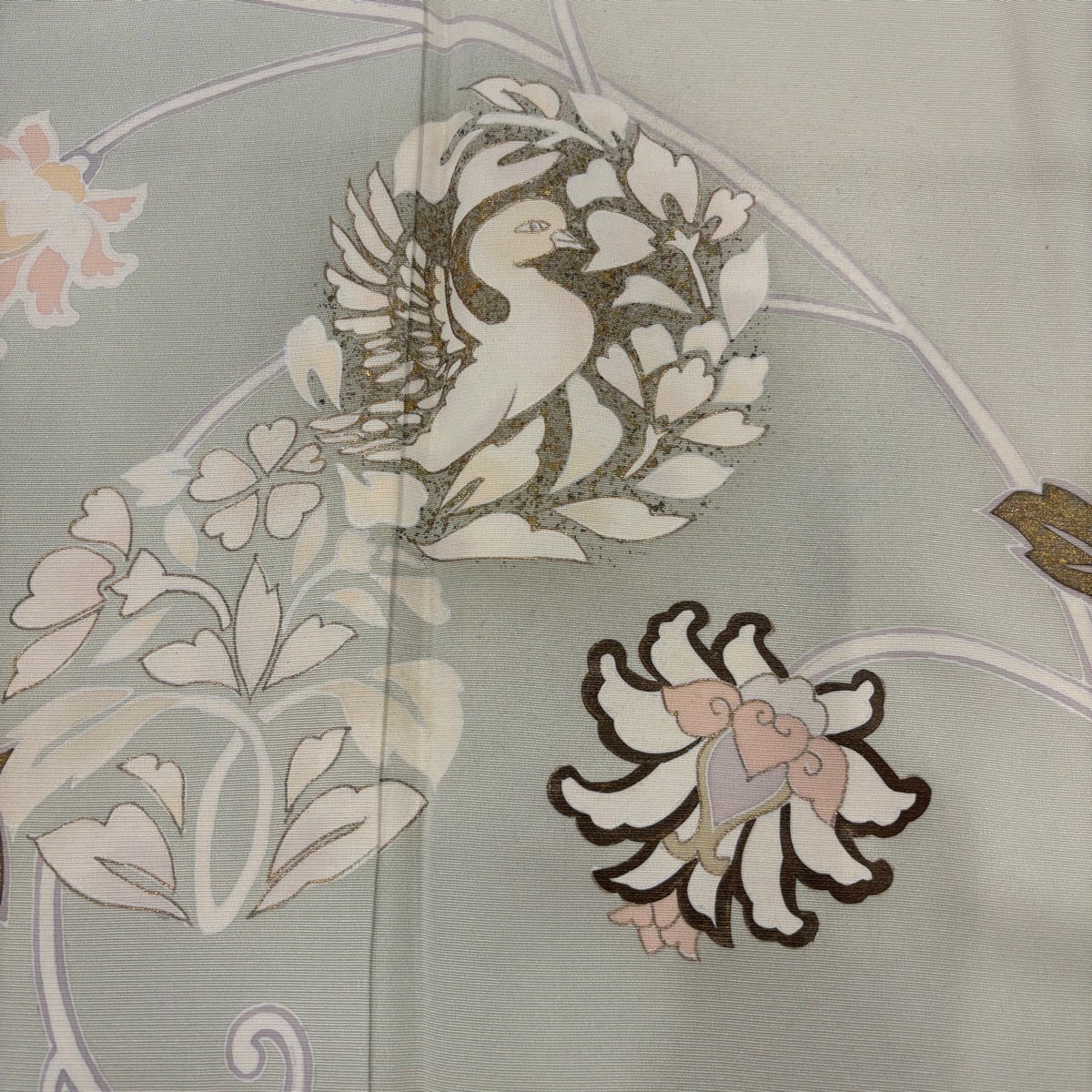 訪問着 身丈162cm 裄丈66cm M 袷 花唐草 鳥 金彩 灰緑 正絹 秀品｜中古