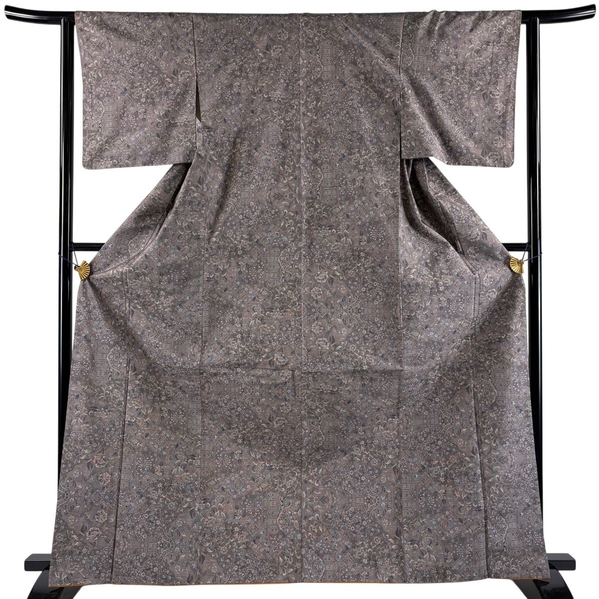 美品】 紬 身丈161cm 裄丈67.5cm L 袷 小千谷紬 証紙あり 草花 灰紫