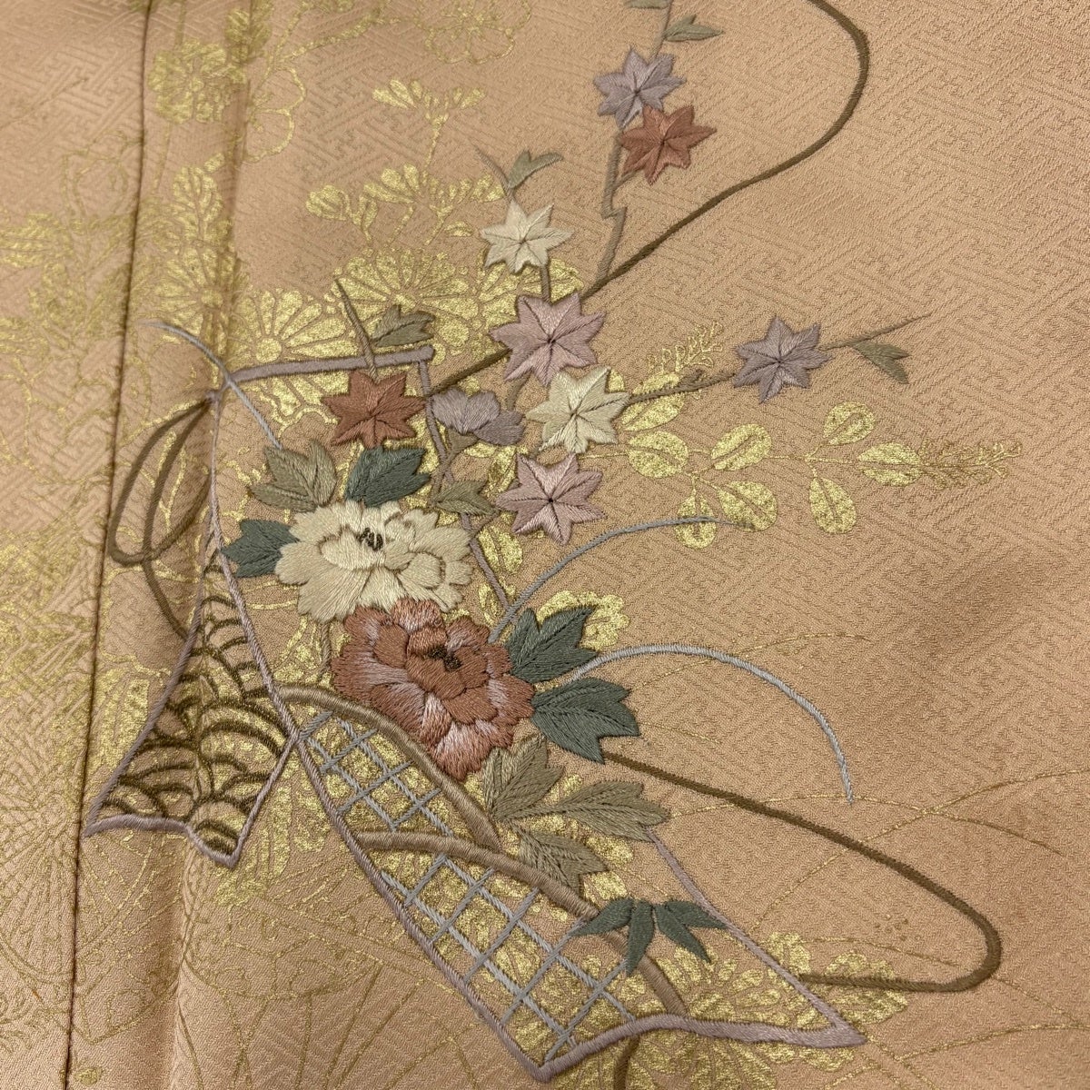 訪問着 身丈163cm 裄丈67cm M 単衣 ますいわ屋 短冊 草花 刺繍 金彩