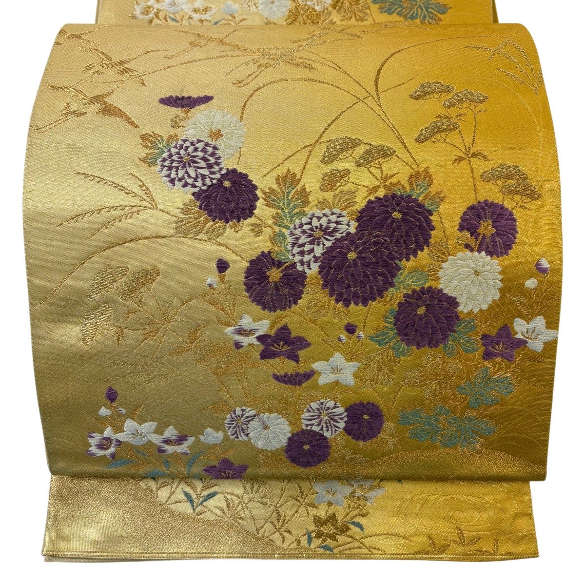 袋帯 逸品 じゅらく 落款あり 帝王紫 鶴 草花 金糸 箔 金色 六通 正絹