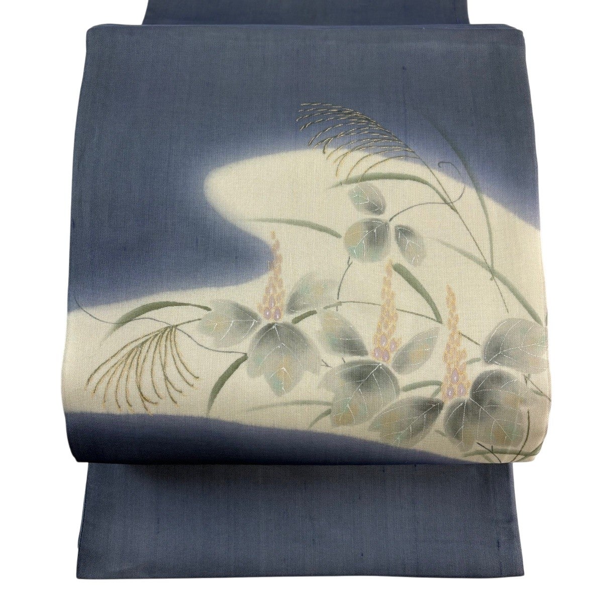 美品】 袋帯 名品 夏帯 夏紬 すすき 草花 金銀彩 青灰色 お太鼓柄 正絹
