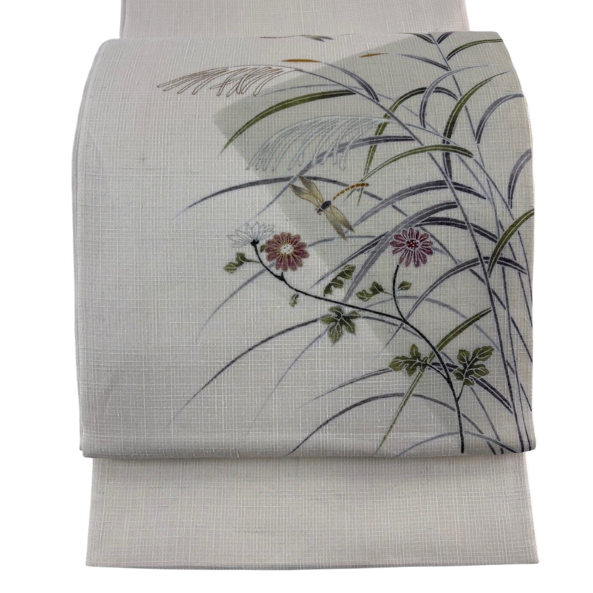 夏帯　トンボと草花の模様　夏名古屋帯 名古屋帯 名品 夏帯 絽 うちわ トンボ 金糸 刺繍 黒 正絹｜中古・古着
