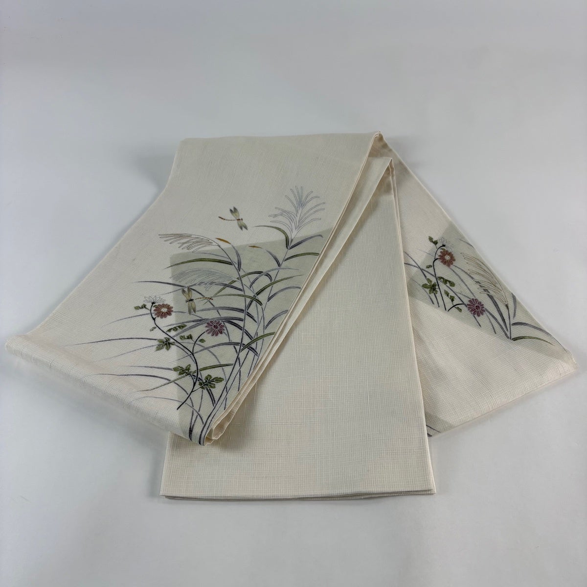 美品】 袋帯 名品 夏帯 夏紬 秋草 トンボ 金銀彩 クリーム お太鼓柄