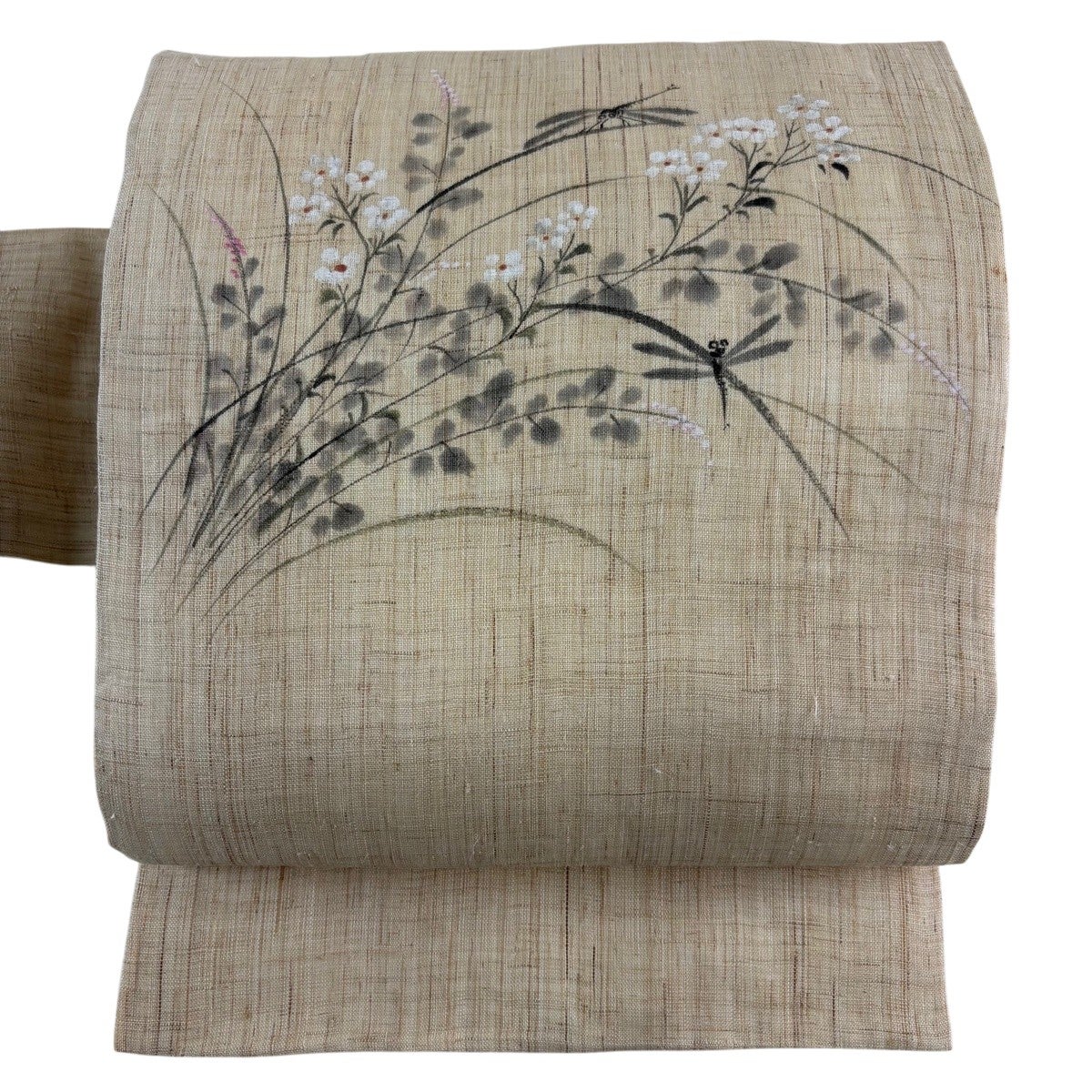 名古屋帯 名品 落款あり 夏帯 草花 トンボ 薄茶色 麻｜中古・古着