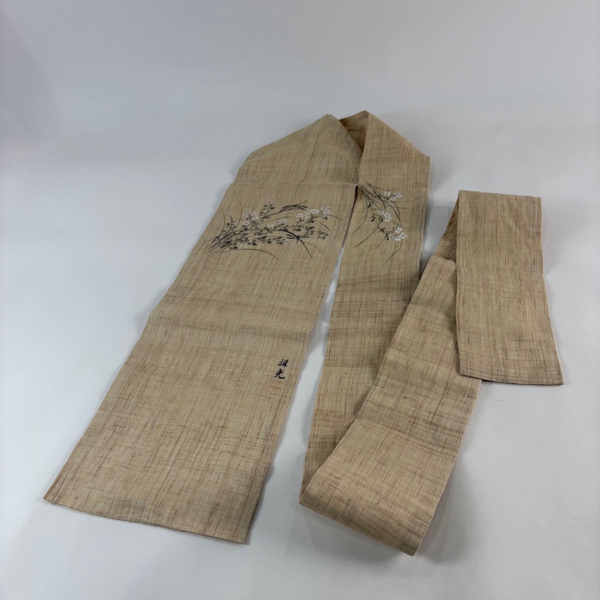 名古屋帯 名品 落款あり 夏帯 草花 トンボ 薄茶色 麻｜中古・古着
