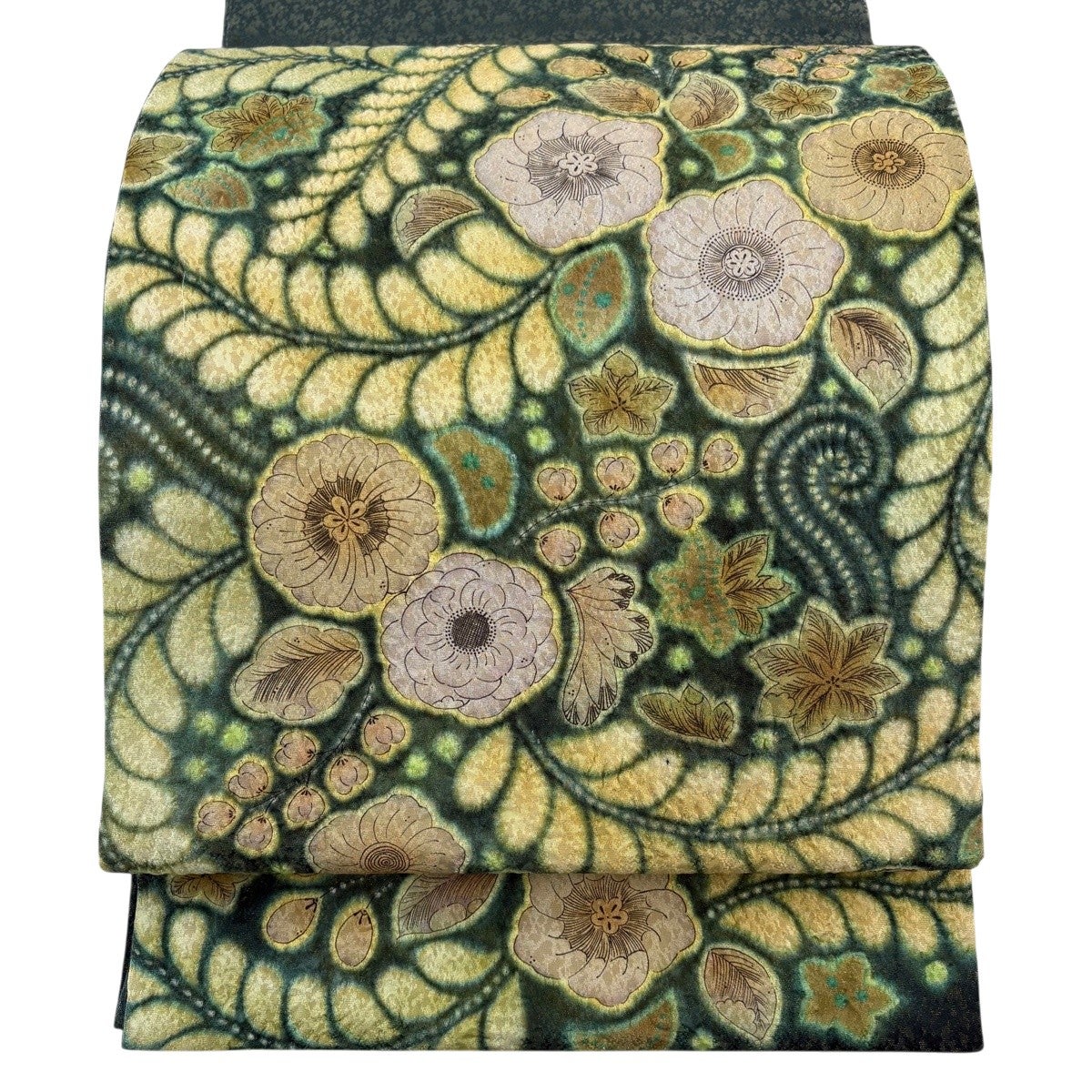 美品】 袋帯 名品 落款あり 草花 金糸 絞り 深緑 お太鼓柄 正絹｜中古