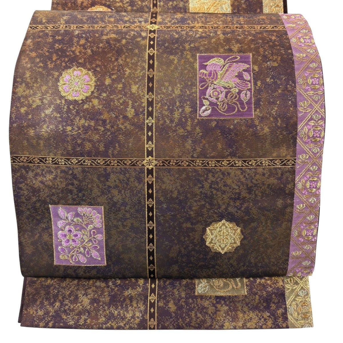 美品】 袋帯 名品 帝王紫 落款あり 鳥 華文 金銀糸 箔 茶色 お太鼓柄