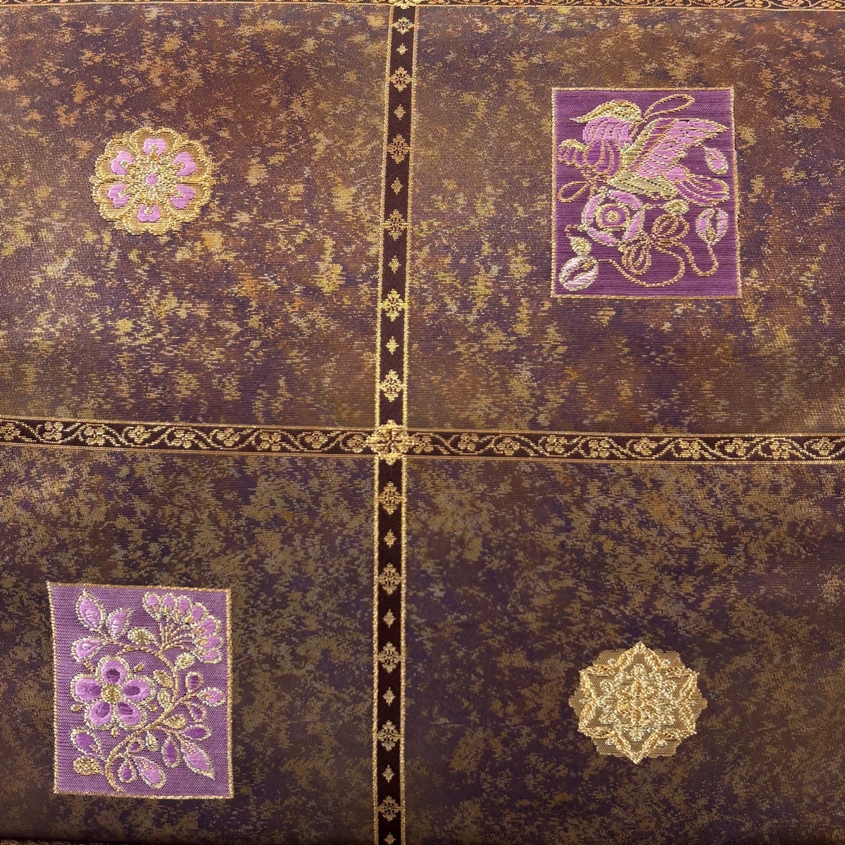 美品】 袋帯 名品 帝王紫 落款あり 鳥 華文 金銀糸 箔 茶色 お太鼓柄