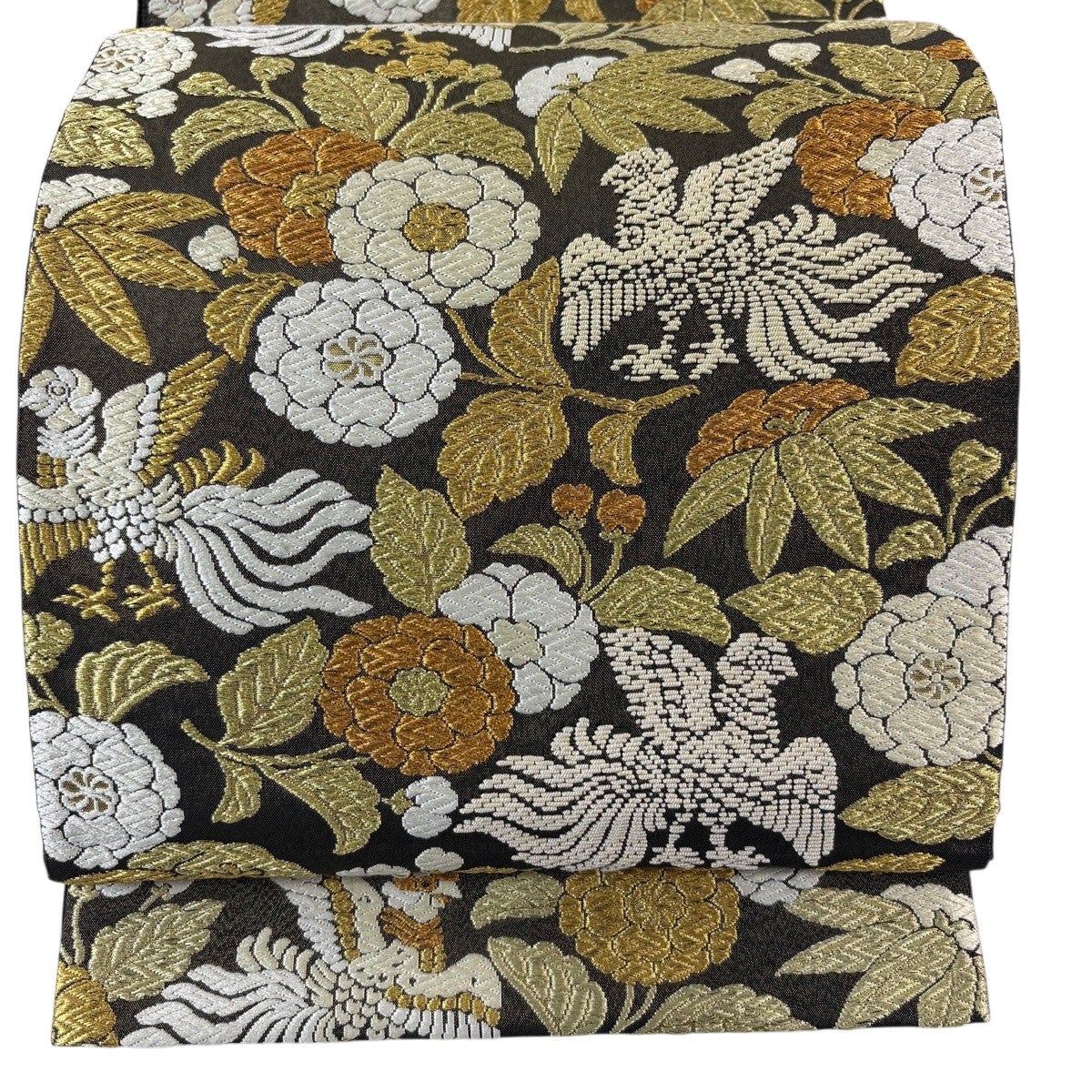 美品】 袋帯 名品 秀花瑞鳥文 草花 鳥 金糸 唐織 焦茶色 六通 正絹