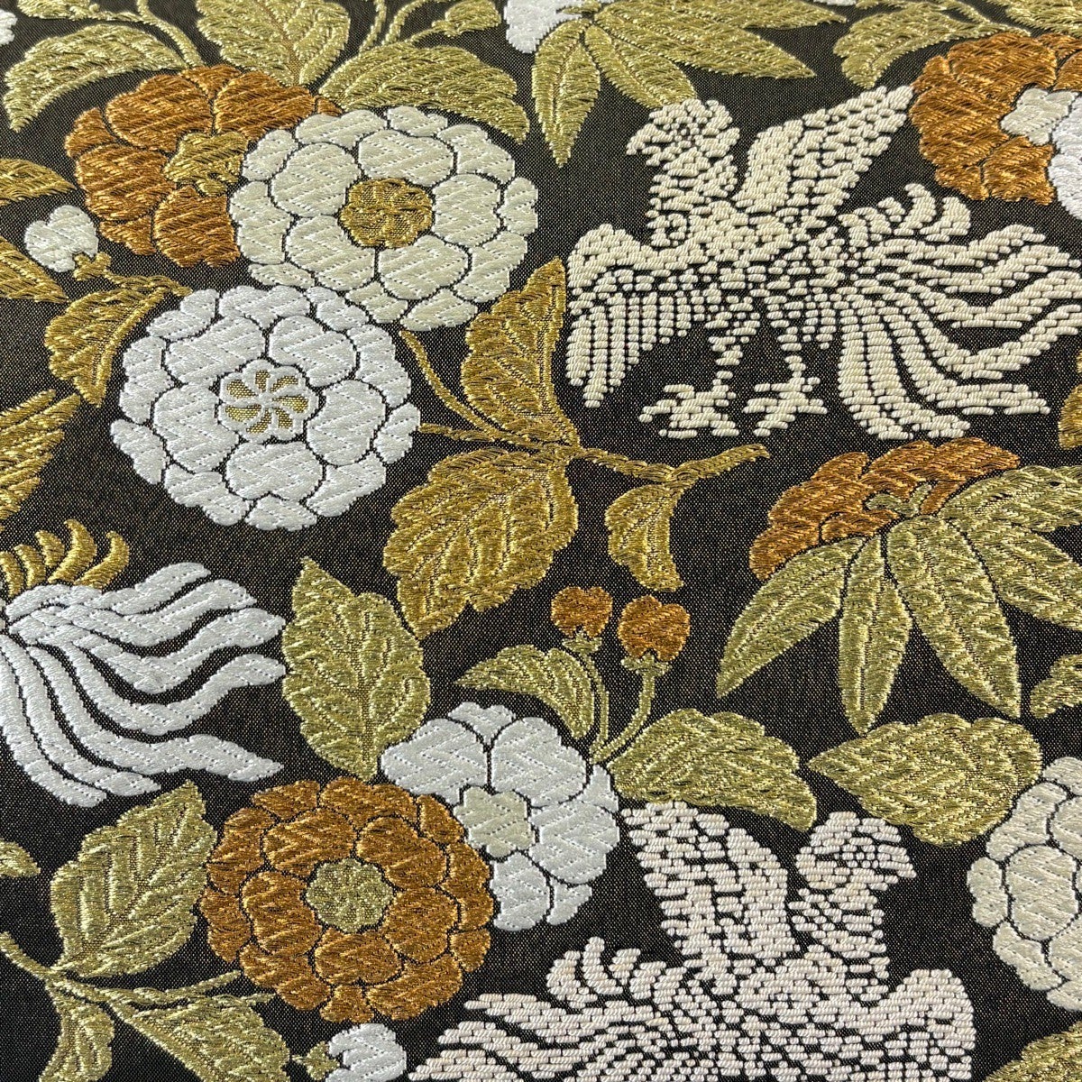 美品】 袋帯 名品 秀花瑞鳥文 草花 鳥 金糸 唐織 焦茶色 六通 正絹