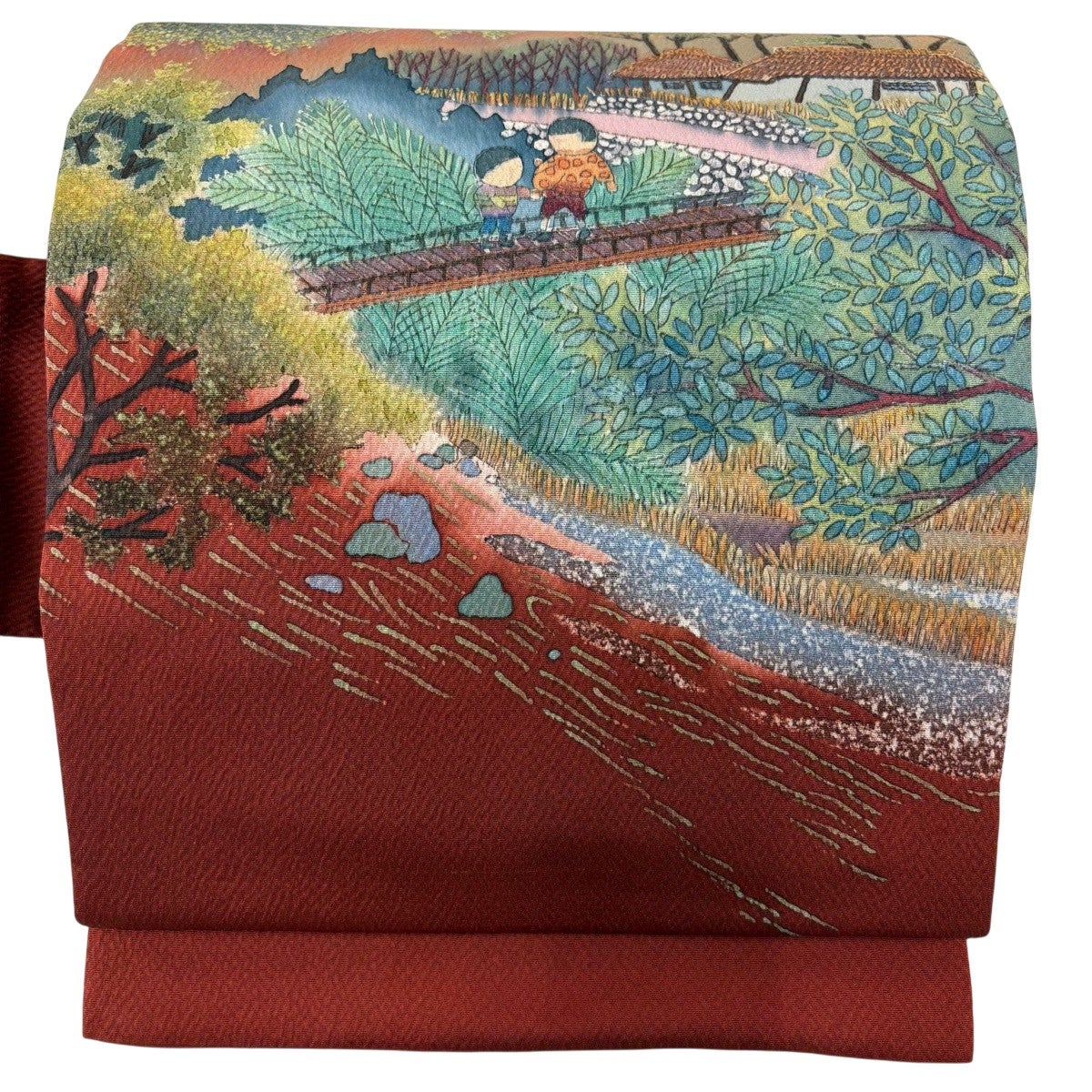 美品】 名古屋帯 名品 落款あり 人物 風景 縮緬 赤茶 正絹｜中古・古着