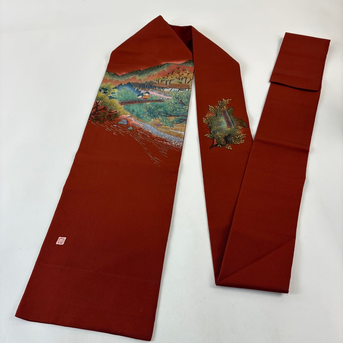 美品】 名古屋帯 名品 落款あり 人物 風景 縮緬 赤茶 正絹｜中古・古着