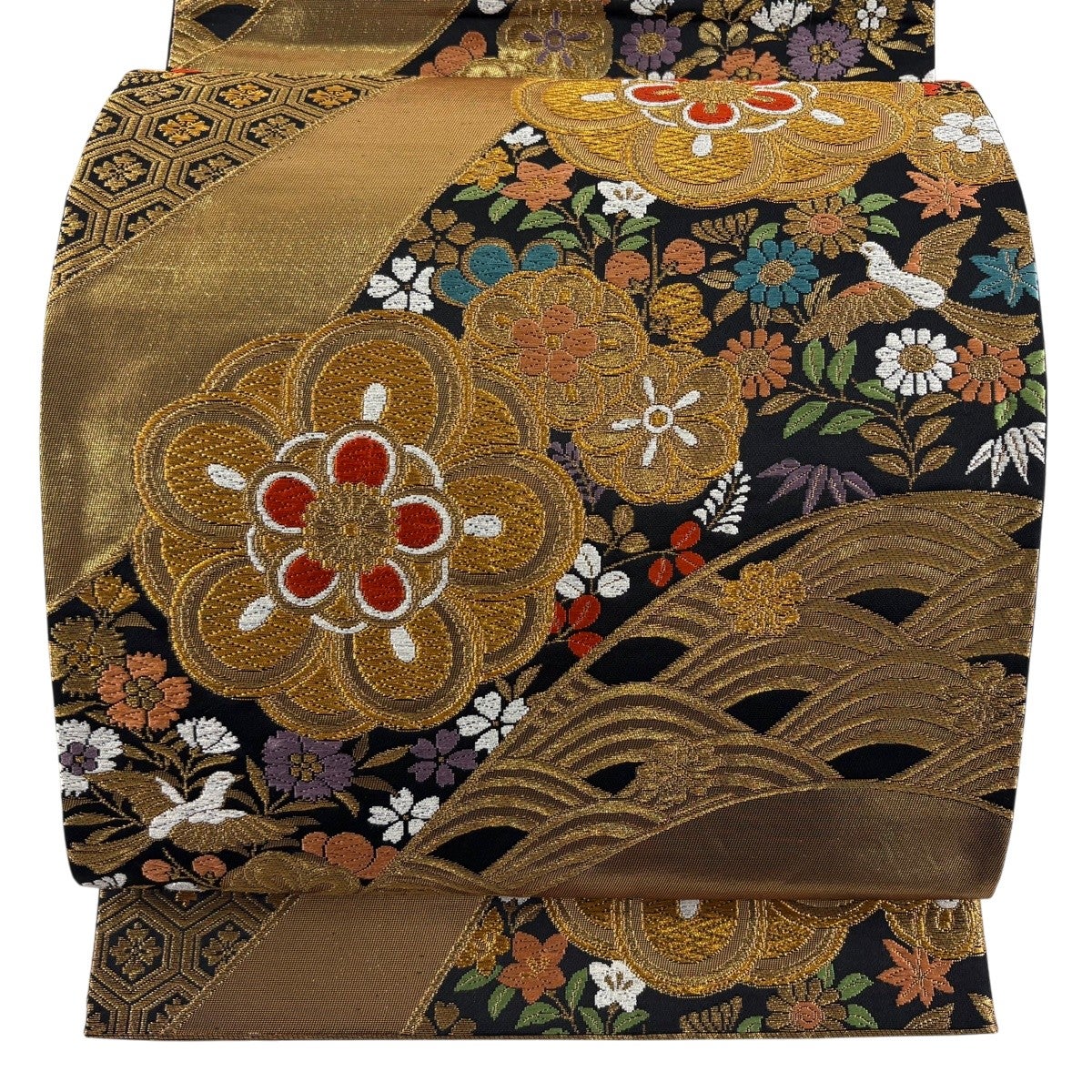 袋帯 秀品 華文 鳥 金糸 箔 黒 六通 正絹｜中古・古着・リサイクル着物