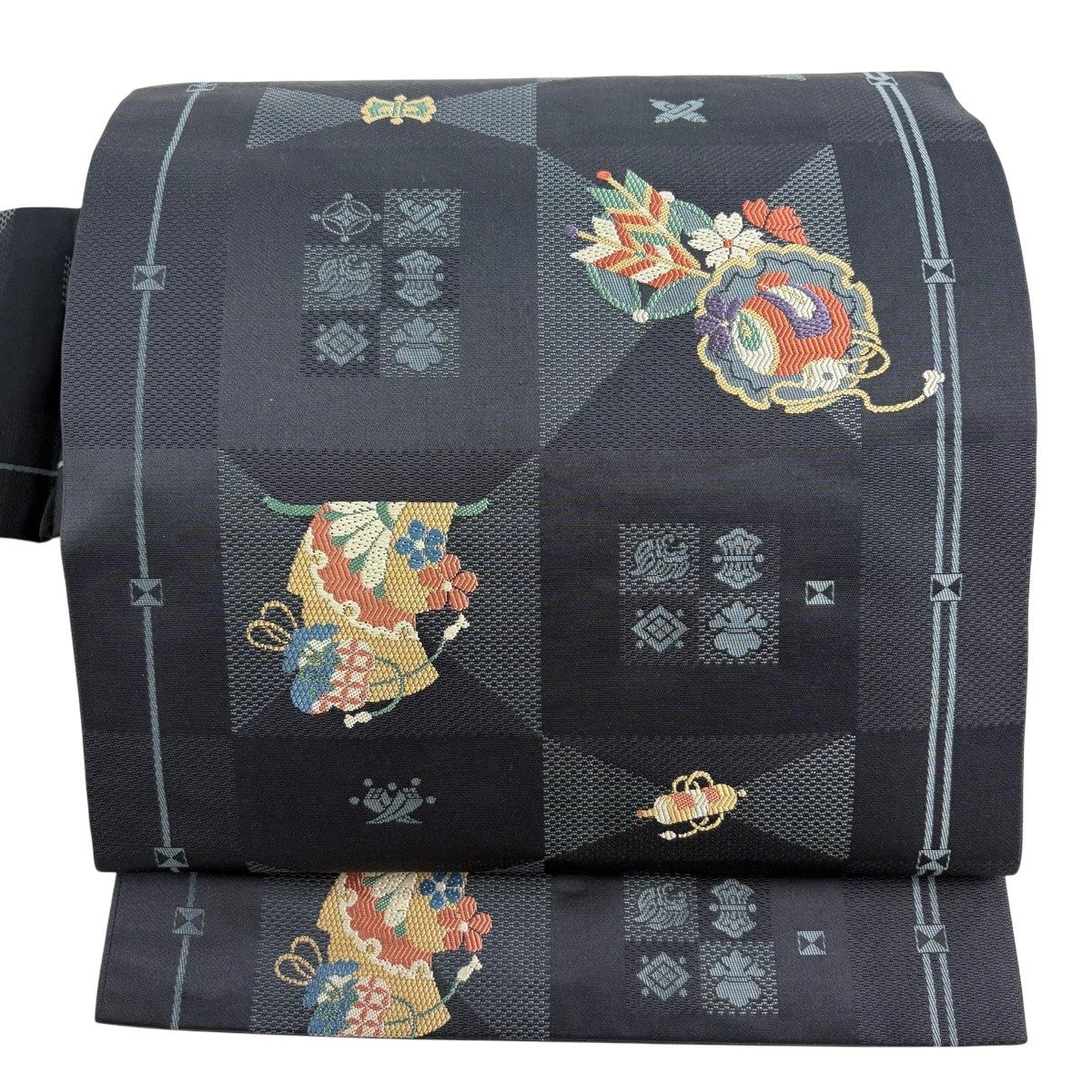 専用帯7130 ●高級 正絹 全通 名古屋仕立て 名古屋帯 大雪輪 美品】 名古屋帯 秀品 宝尽くし 雪輪 濃紺 正絹｜中古・古着