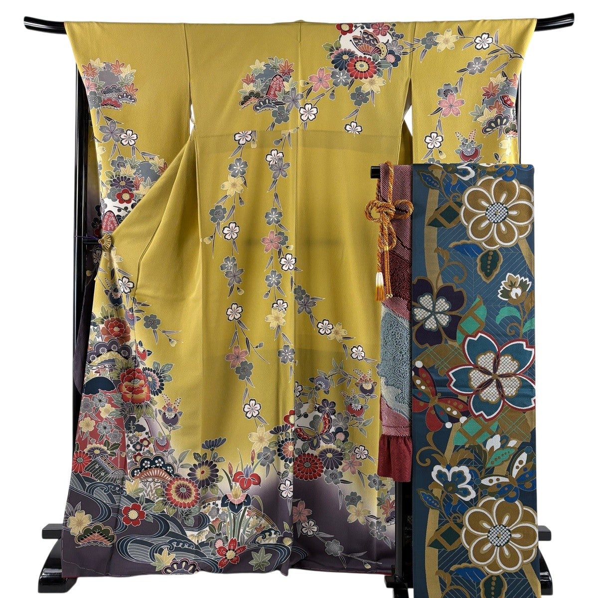 50%OFF 振袖 身丈168cm 裄丈67.5cm L 袷 山本寛斎 落款あり 地紋 深緑