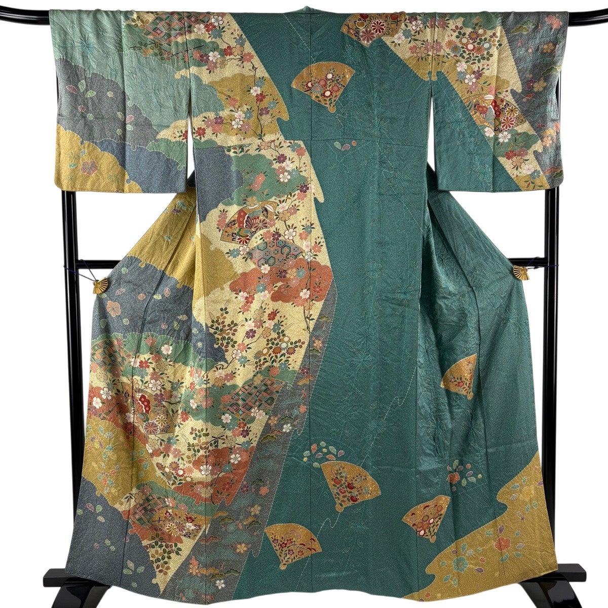 着物生地 50%OFF 訪問着 身丈161cm 裄丈69cm L 袷 扇面 蝶 金彩 絞り 灰緑 正絹