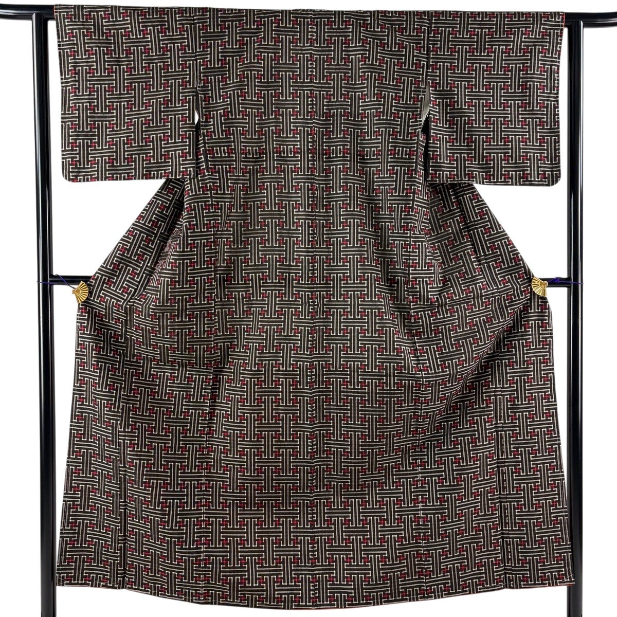 小紋　紬　格子模様　バチ襟　身丈160　裄64　正絹　着物　024tz 美品】 紬 身丈163cm 裄丈63.5cm S 単衣 バチ衿 鼓 小槌 紺色 正絹 秀