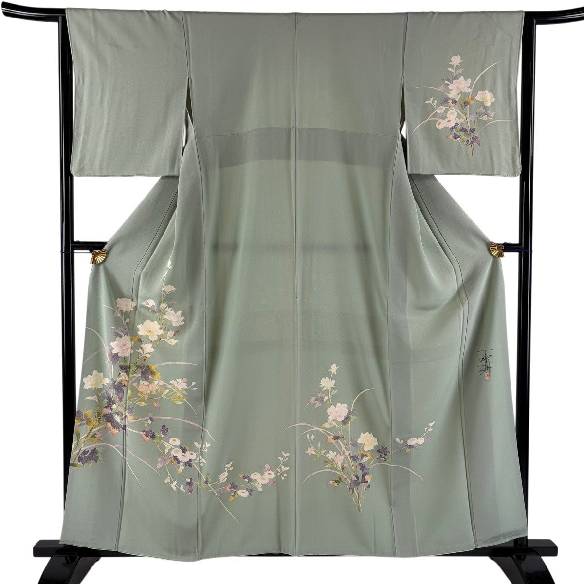新古品！単衣＊灰藤色＊絞り＆織り出し＊ラグジュアリー＊着物＊１５９ｃｍ＊裄６５ 美品】 訪問着 身丈159cm 裄丈64cm M 袷 百貫石峰 落款あり 草花 灰緑