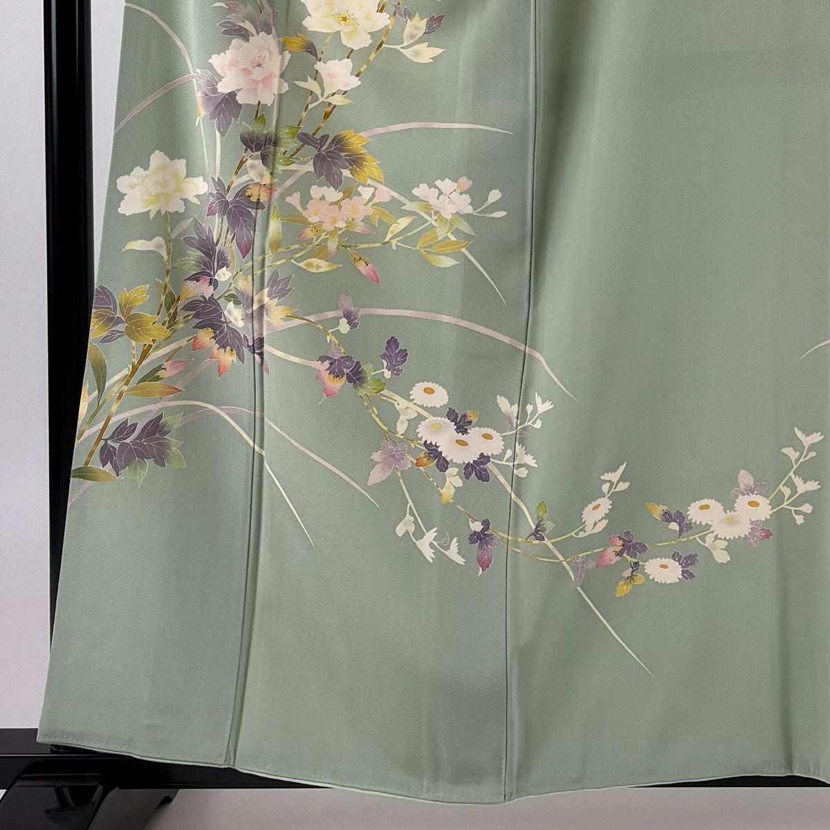 美品】 訪問着 身丈159cm 裄丈64cm M 袷 百貫石峰 落款あり 草花 灰緑