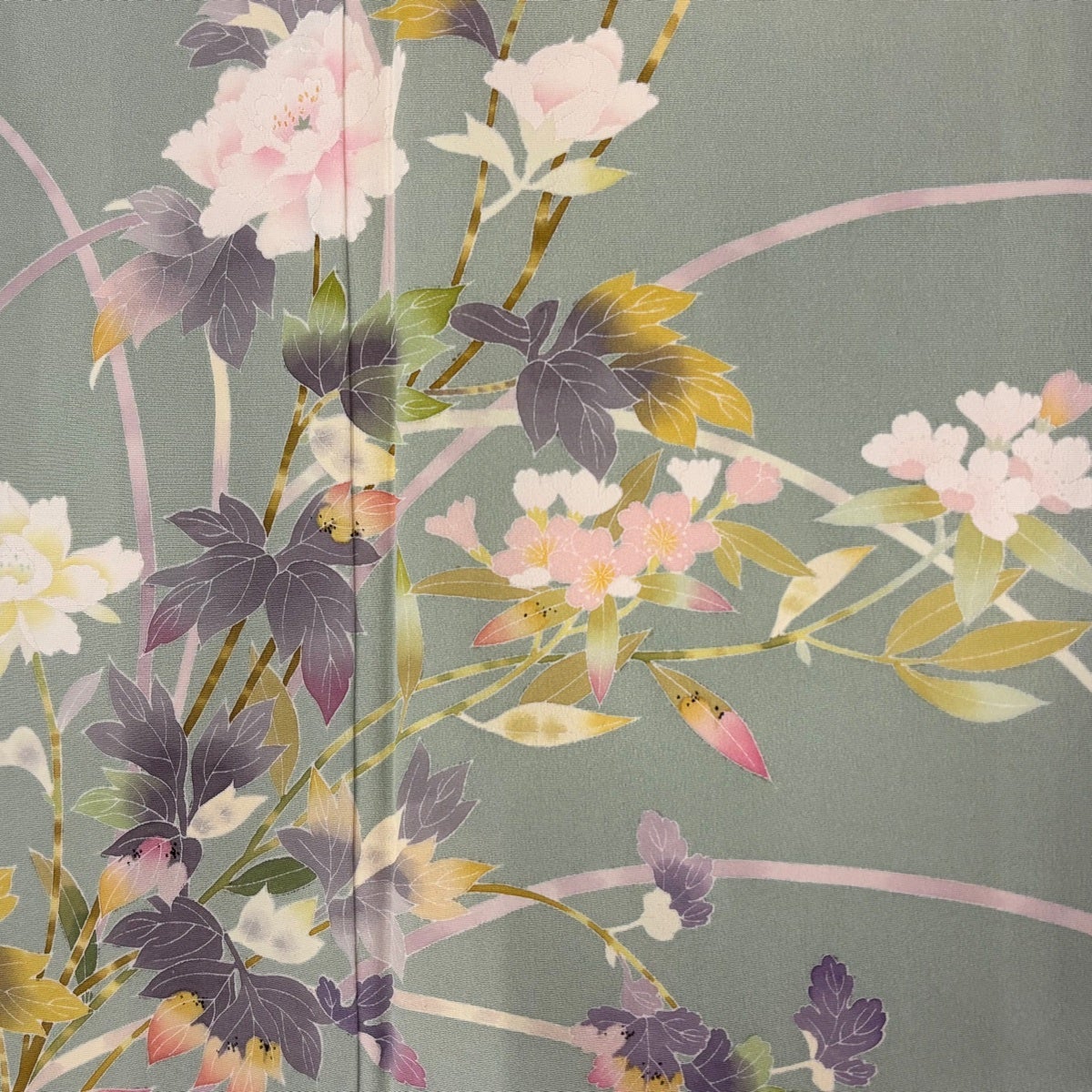 美品】 訪問着 身丈159cm 裄丈64cm M 袷 百貫石峰 落款あり 草花 灰緑