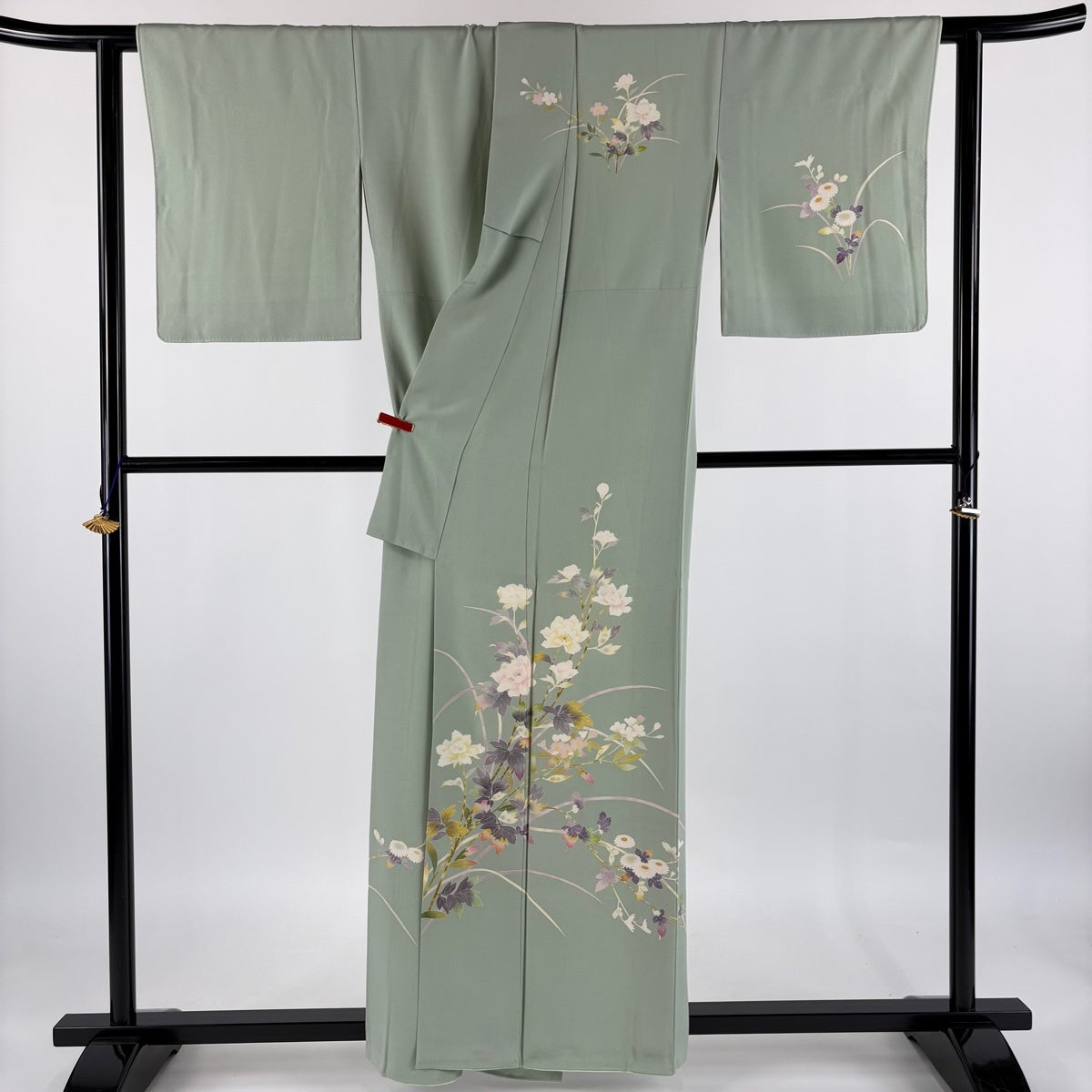 美品】 訪問着 身丈159cm 裄丈64cm M 袷 百貫石峰 落款あり 草花 灰緑