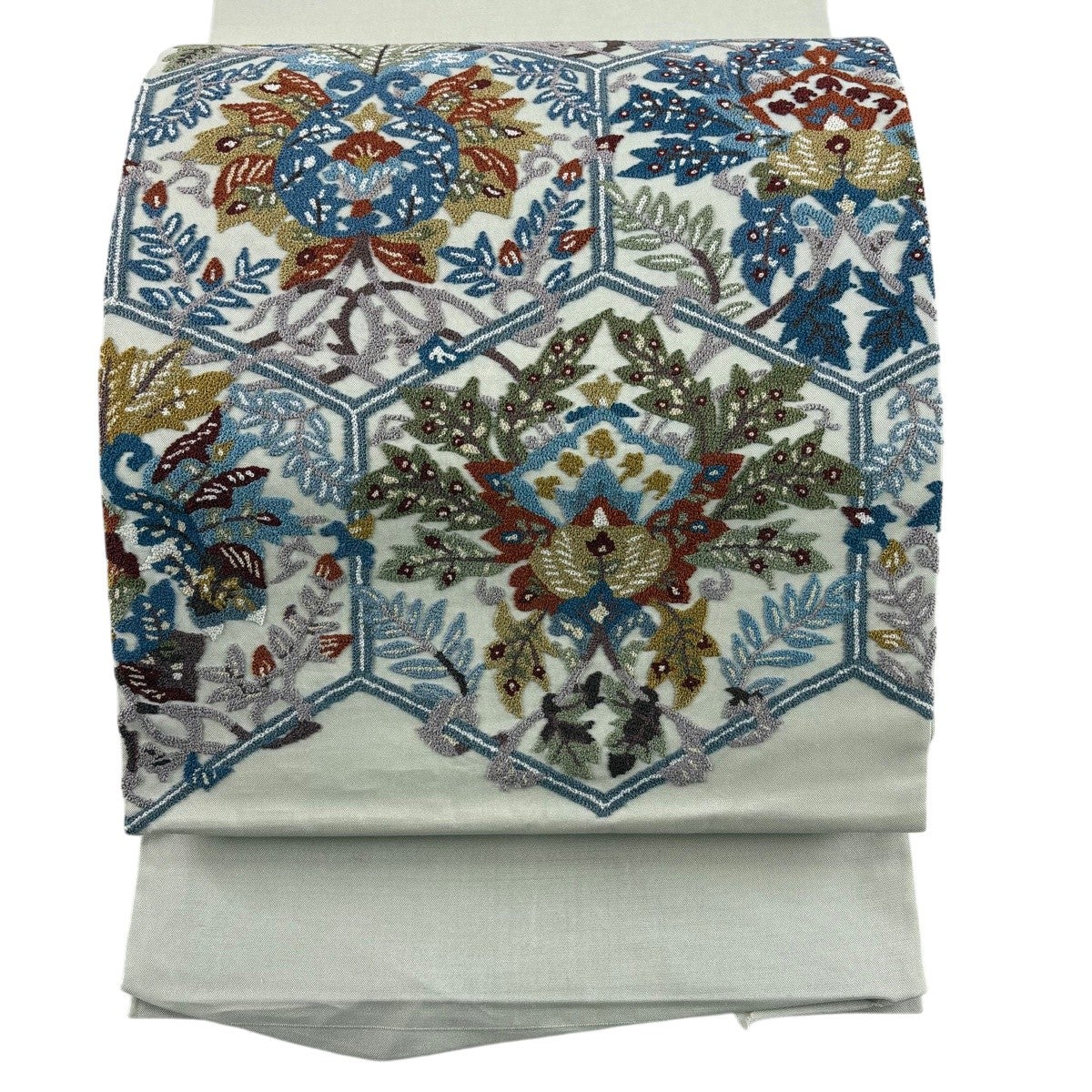 【未使用品】袋帯　細かな相良刺繍　花草紬地　お太鼓柄　藍色 美品】 袋帯 秀品 紬地 草花 相良刺繍 赤紫 お太鼓柄 正絹｜中古・古着