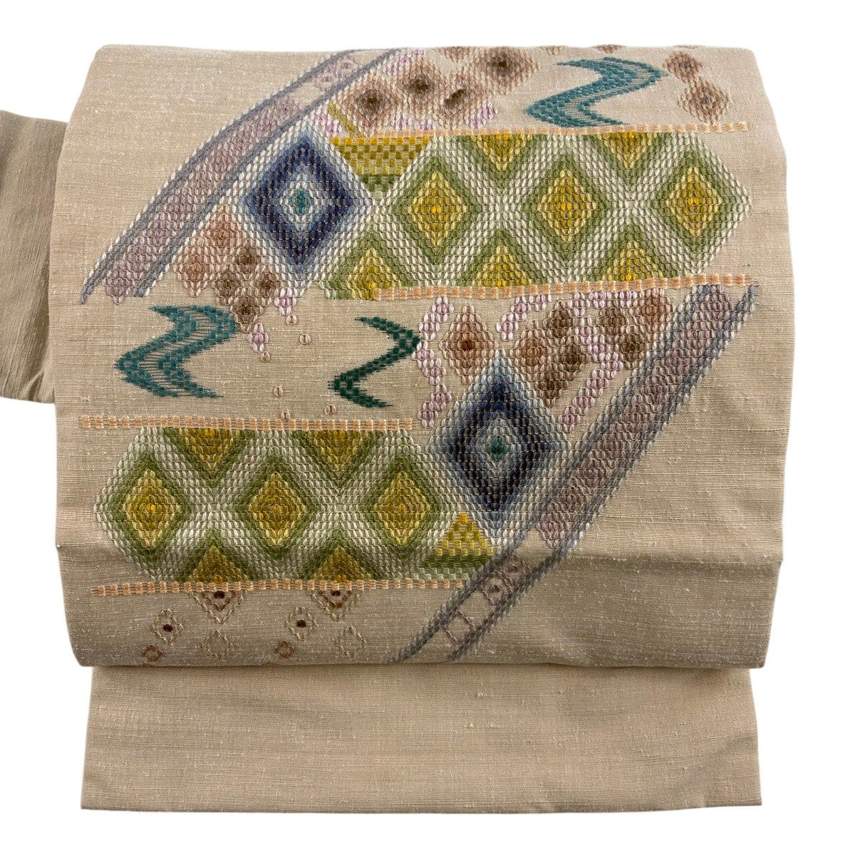 名古屋帯 逸品 紬地 菱 流水 刺し子刺繍 薄小豆 正絹｜中古・古着