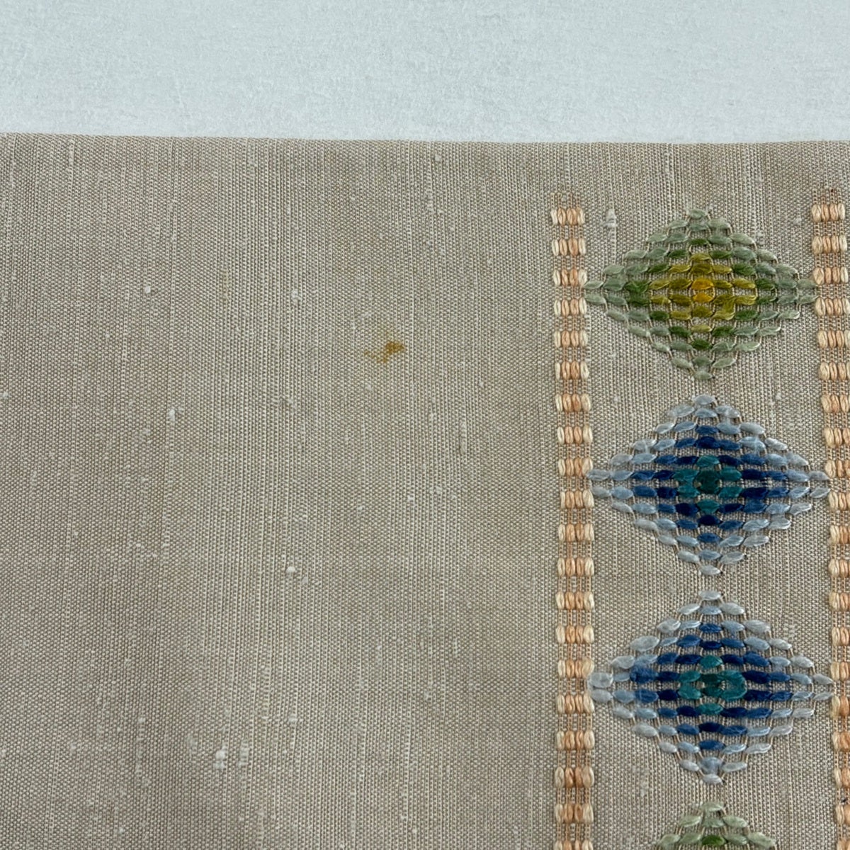 名古屋帯 逸品 紬地 菱 流水 刺し子刺繍 薄小豆 正絹｜中古・古着