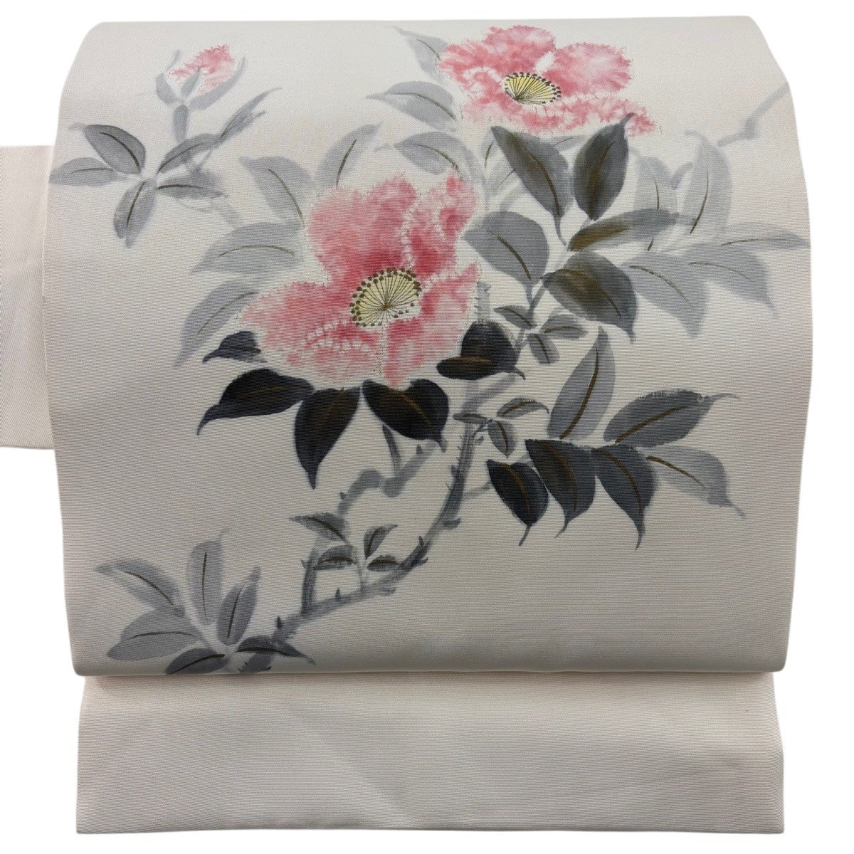 名古屋帯 名品 落款あり 小倉建亮 枝花 絞り クリーム 正絹｜中古