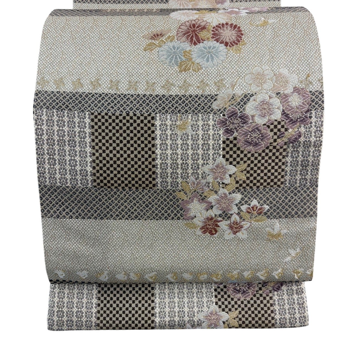 袋帯 名品 花丸文 金糸 箔 ベージュ 六通 正絹｜中古・古着