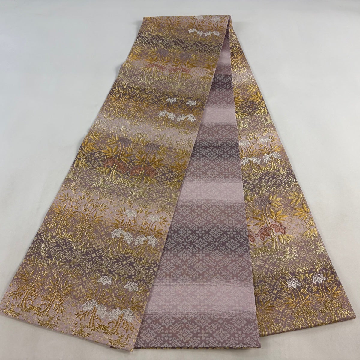 美品】 袋帯 名品 本金全通本袋 桐竹鳳凰紋 金糸 刺繍 紫 全通 正絹