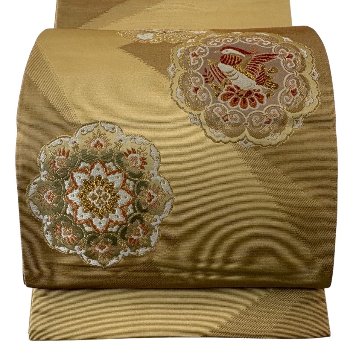 美品】 袋帯 名品 公家加賀五彩 王朝菊華文 唐織 灰紫 六通 正絹｜中古