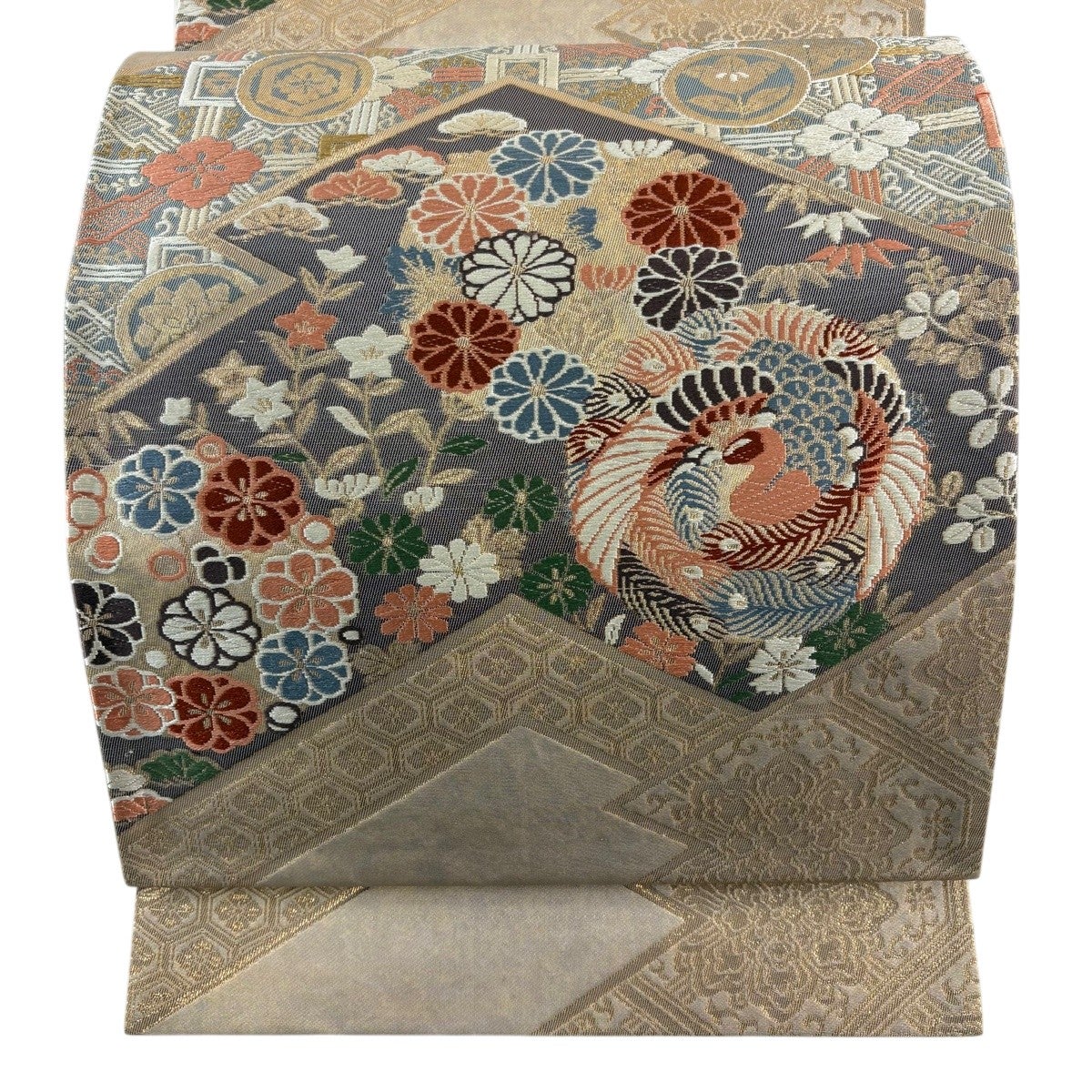 袋帯 秀品 花丸文 幾何学 銀通し 箔 青灰色 六通 正絹｜中古・古着