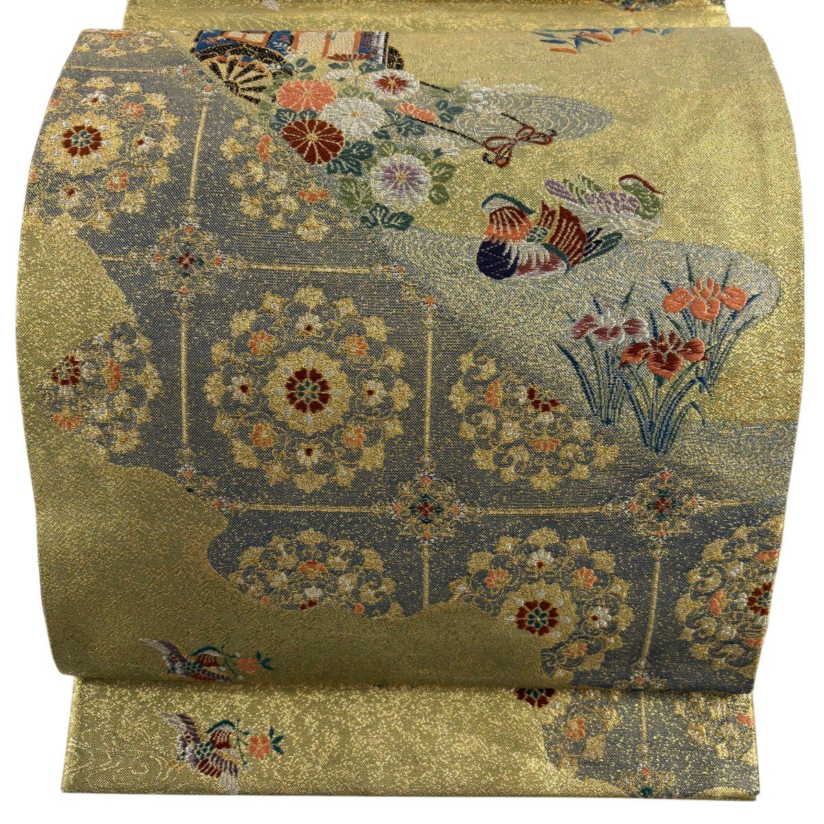 美品】 袋帯 秀品 草花 鳥 箔 金銀糸 薄緑 六通 正絹｜中古・古着