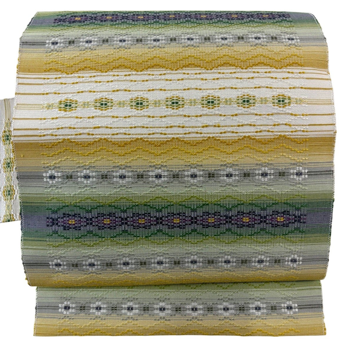 名古屋帯 花織 証紙あり 美品】 名古屋帯 逸品 証紙あり 八寸名古屋帯 南風原花織 段縞 花 緑