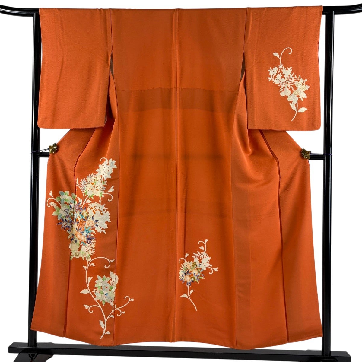 付下げ 身丈152cm 裄丈63cm S 袷 花唐草 オレンジ 正絹 優品｜中古
