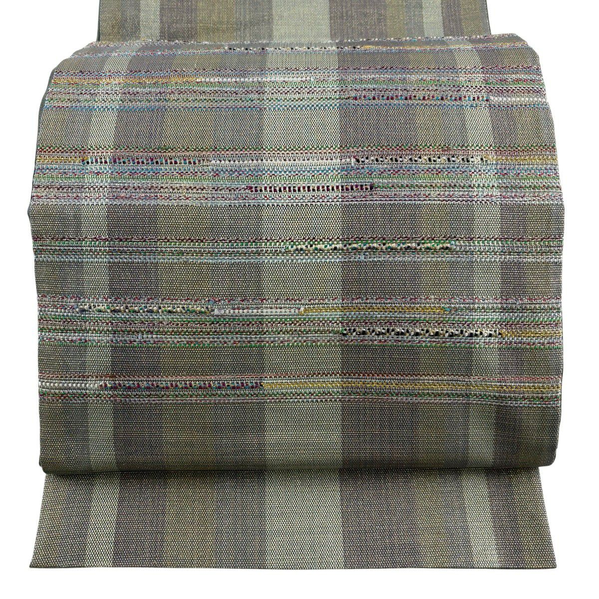 在庫一掃】 【美品】 袋帯 名品 段縞 縞 金糸 灰緑 お太鼓柄 正絹