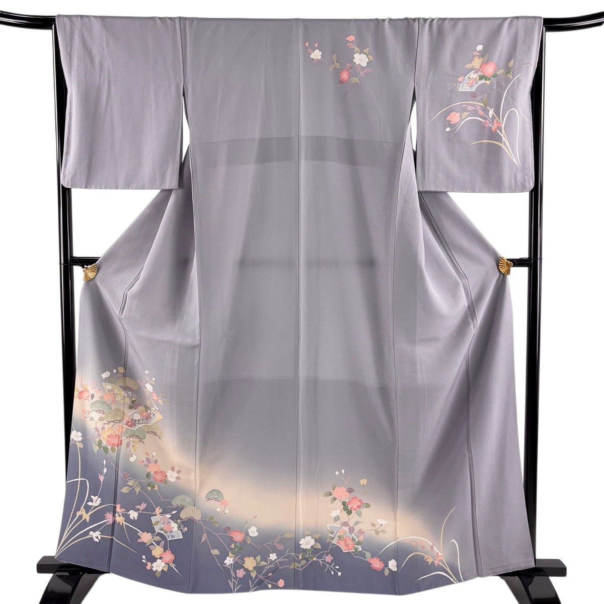 訪問着 身丈169cm 裄丈71.5cm L 袷 扇面 草花 刺繍 箔 茶紫 正絹 秀品