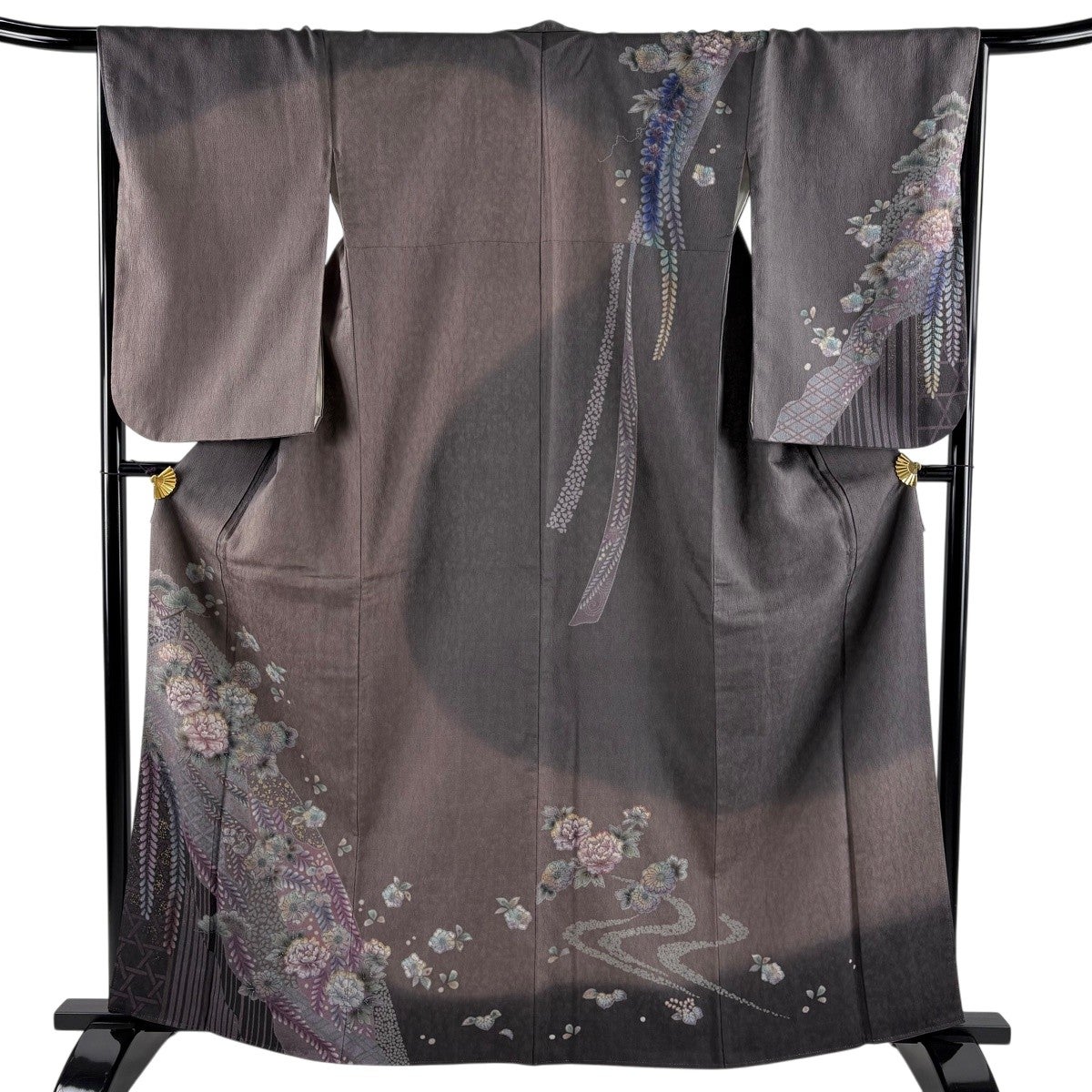 美品】 訪問着 身丈164cm 裄丈67.5cm L 袷 菊 牡丹 金彩 染め分け 茶紫