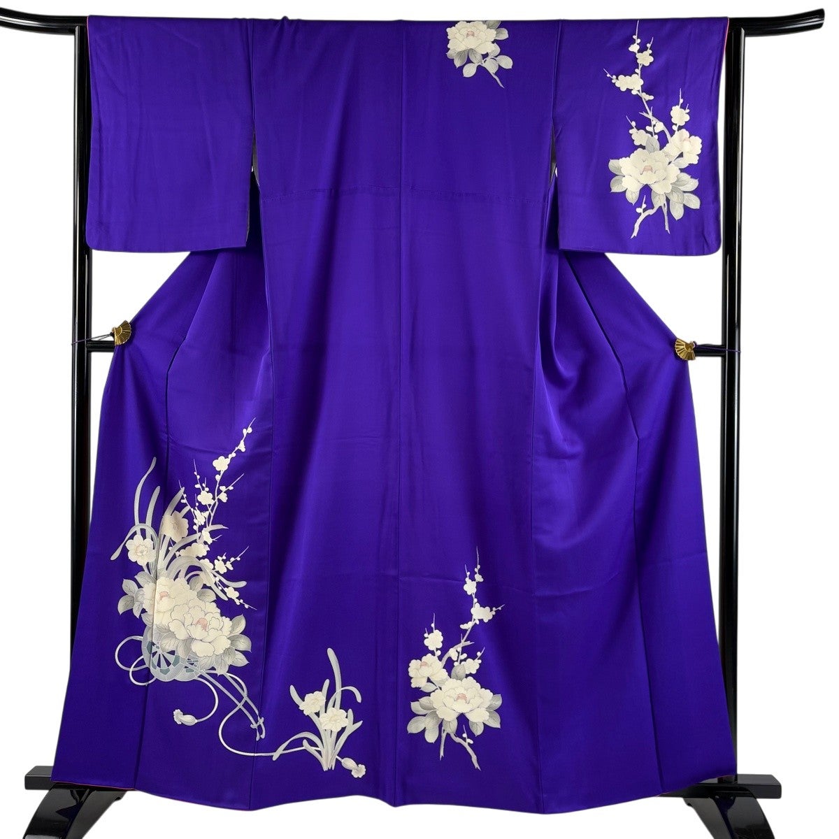 付下げ 身丈161.5cm 裄丈64.5cm M 袷 花車 椿 銀彩 紫 正絹 優品｜中古