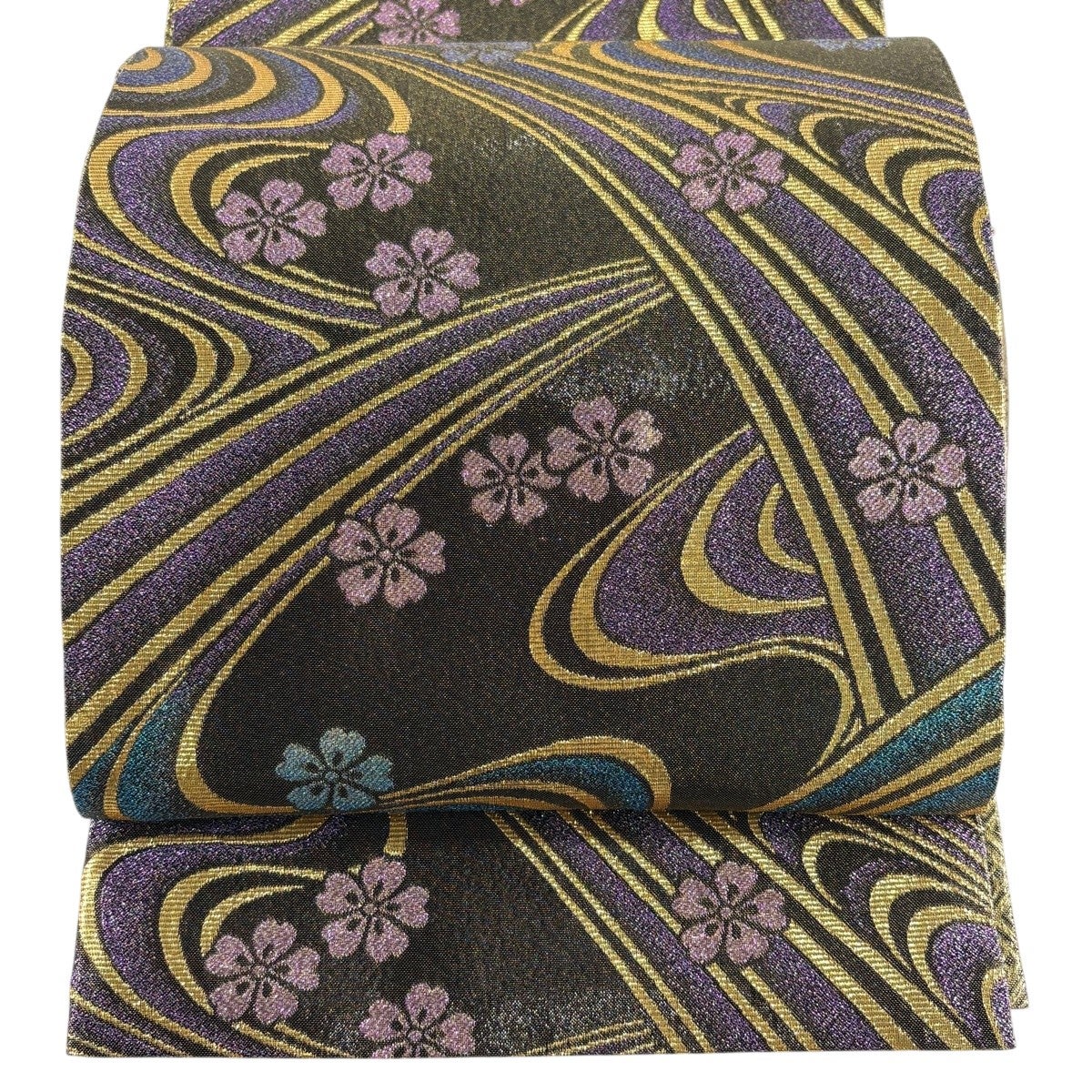 美品】 袋帯 秀品 桜 流水 金糸 箔 金茶 六通 正絹｜中古・古着