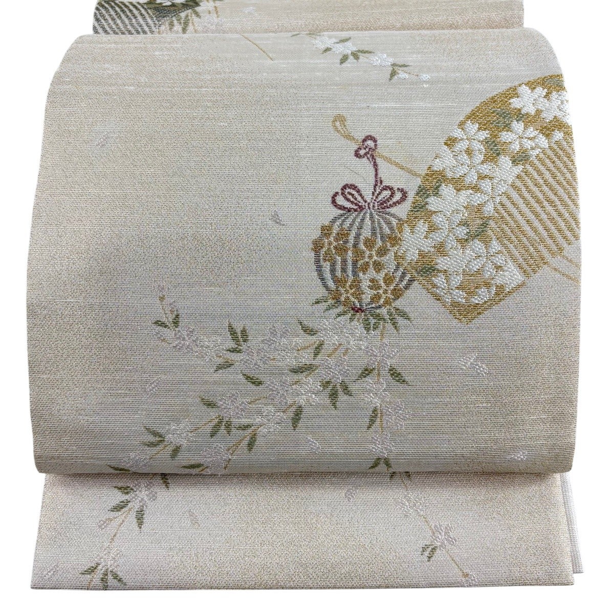 30%OFF 袋帯 秀品 櫛 桜 銀糸 箔 ベージュ お太鼓柄 正絹 K30｜中古