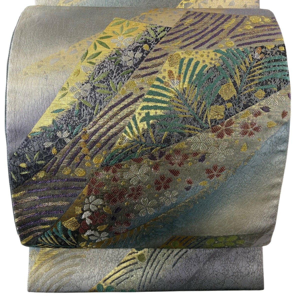 美品】 袋帯 秀品 若松 桜 金銀糸 箔 青灰色 六通 正絹｜中古・古着