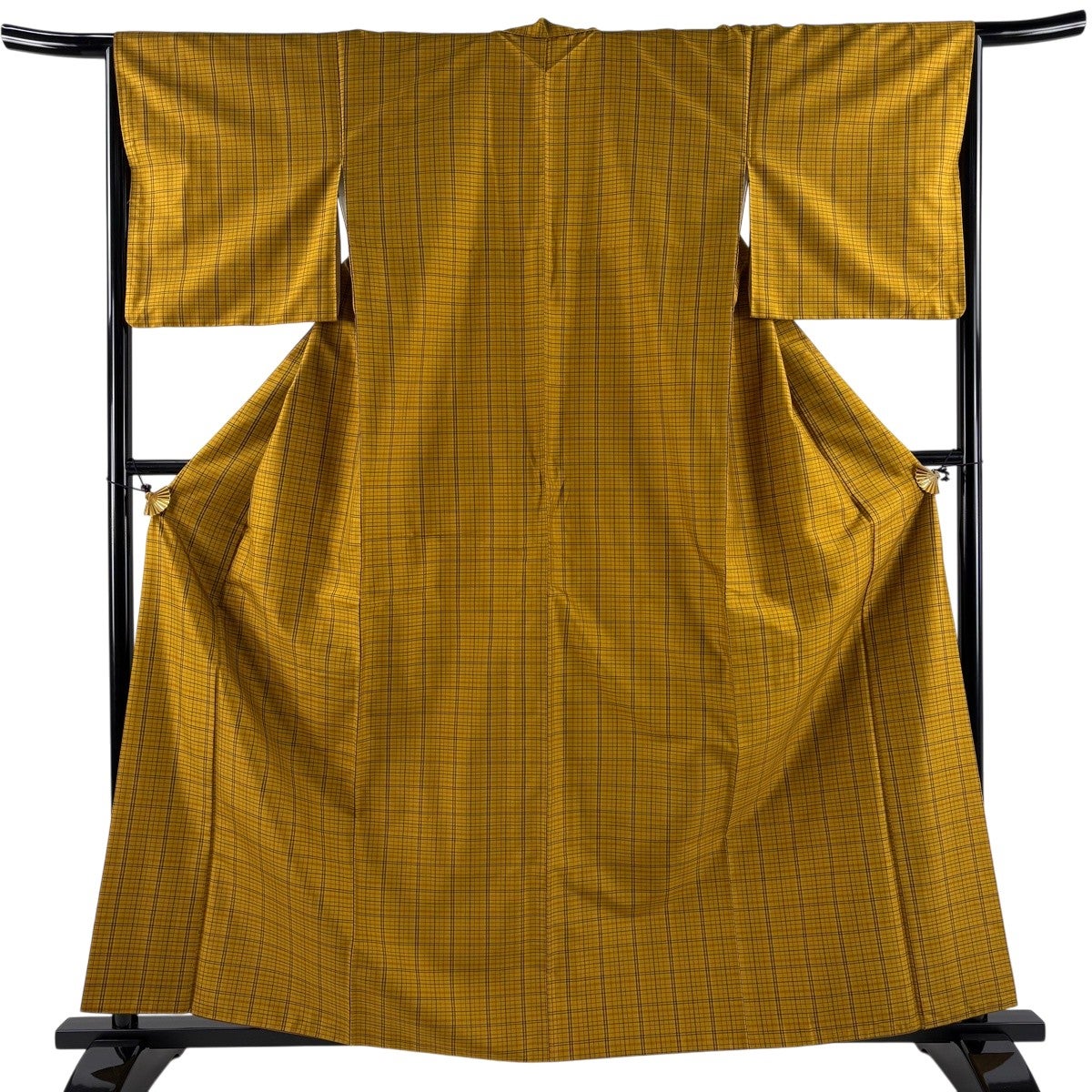 紬 身丈161cm 裄丈65.5cm M 袷 格子 山吹茶色 正絹 名品｜中古・古着