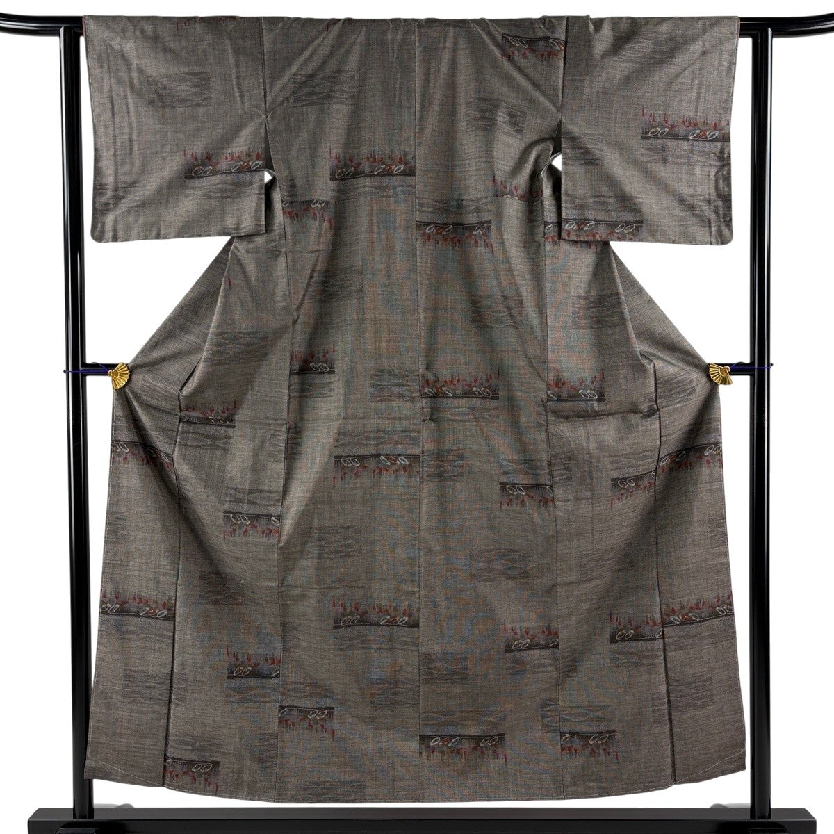 美品】 紬 身丈169.5cm 裄丈69cm L 袷 袋帯セット 幾何学 灰茶 正絹 秀