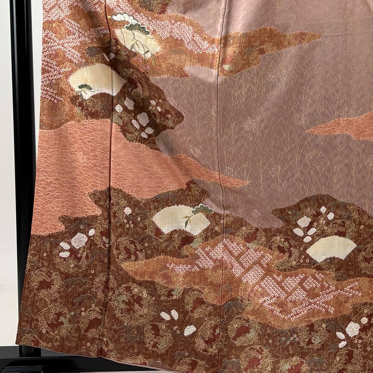 訪問着 身丈160cm 裄丈62cm S 袷 花丸文 扇面 金彩 刺繍 薄小豆 正絹