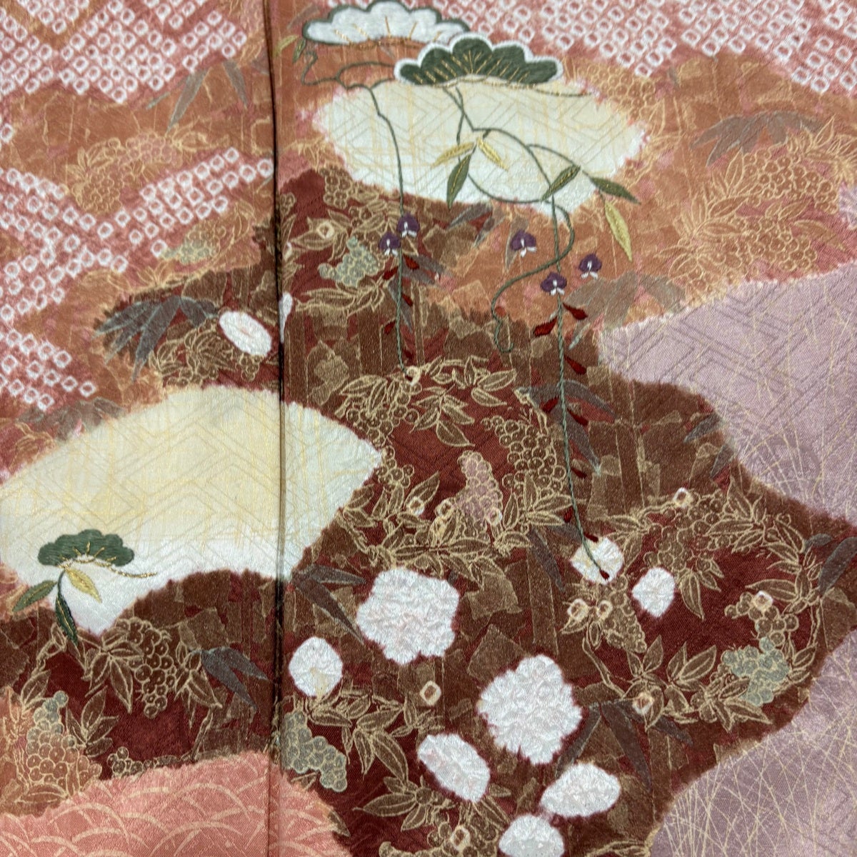 訪問着 身丈160cm 裄丈62cm S 袷 花丸文 扇面 金彩 刺繍 薄小豆 正絹