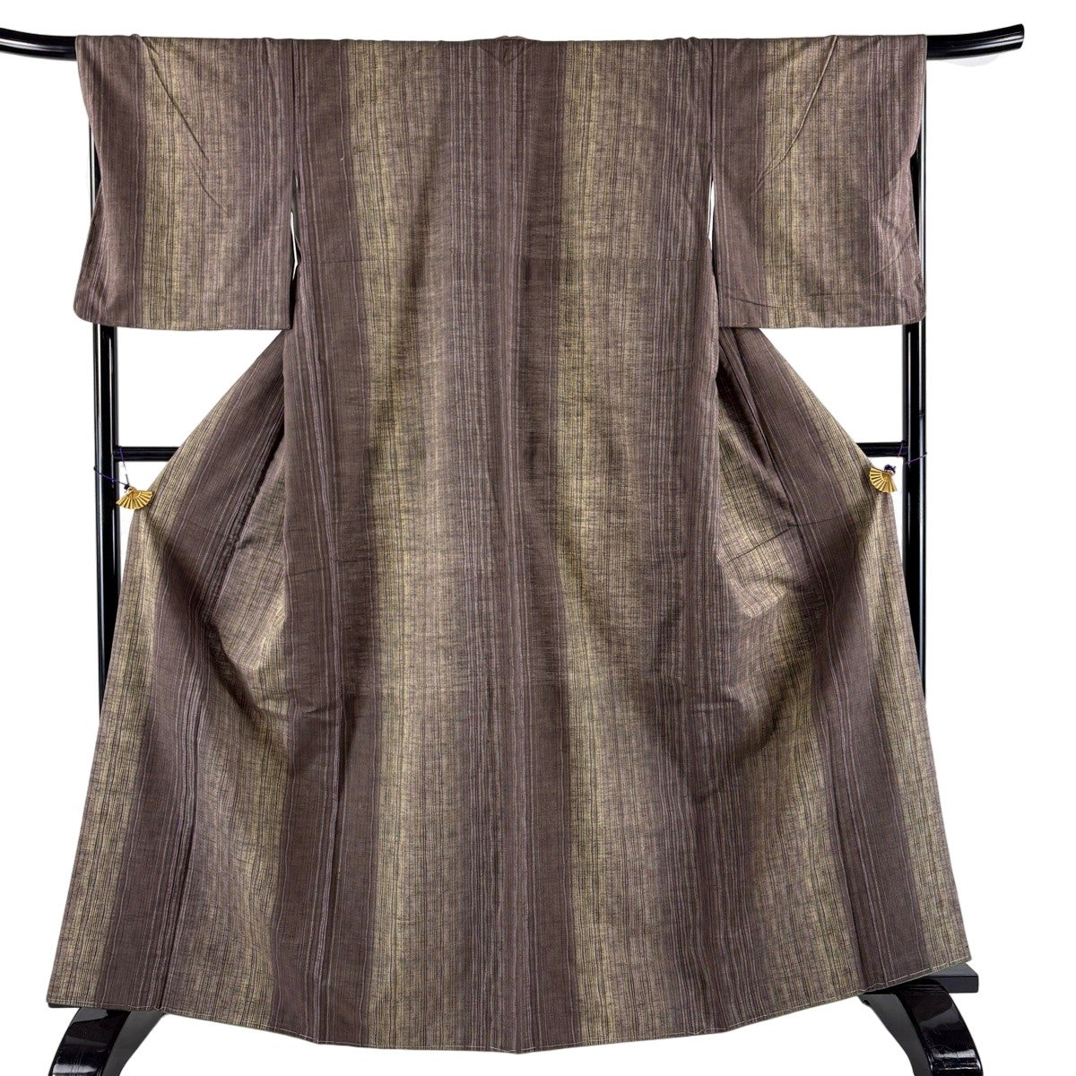 紬 身丈164.5cm 裄丈68cm L 袷 よろけ縞 茶紫 正絹 秀品｜中古・古着