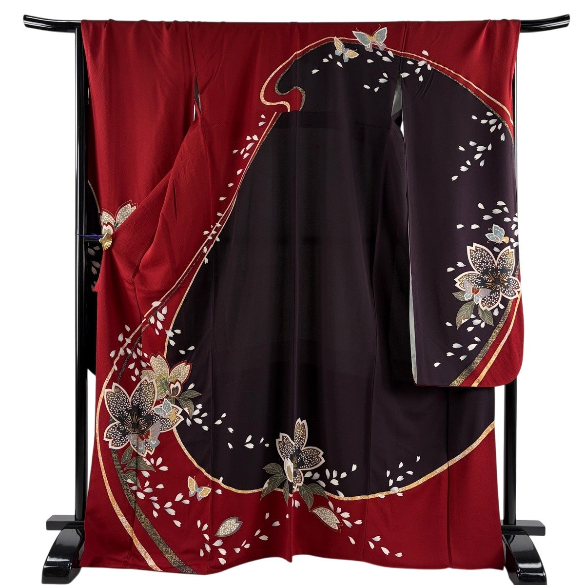 振袖 身丈155cm 裄丈64.5cm M 袷 蝶 桜 金糸 金彩 えんじ色 正絹 名品