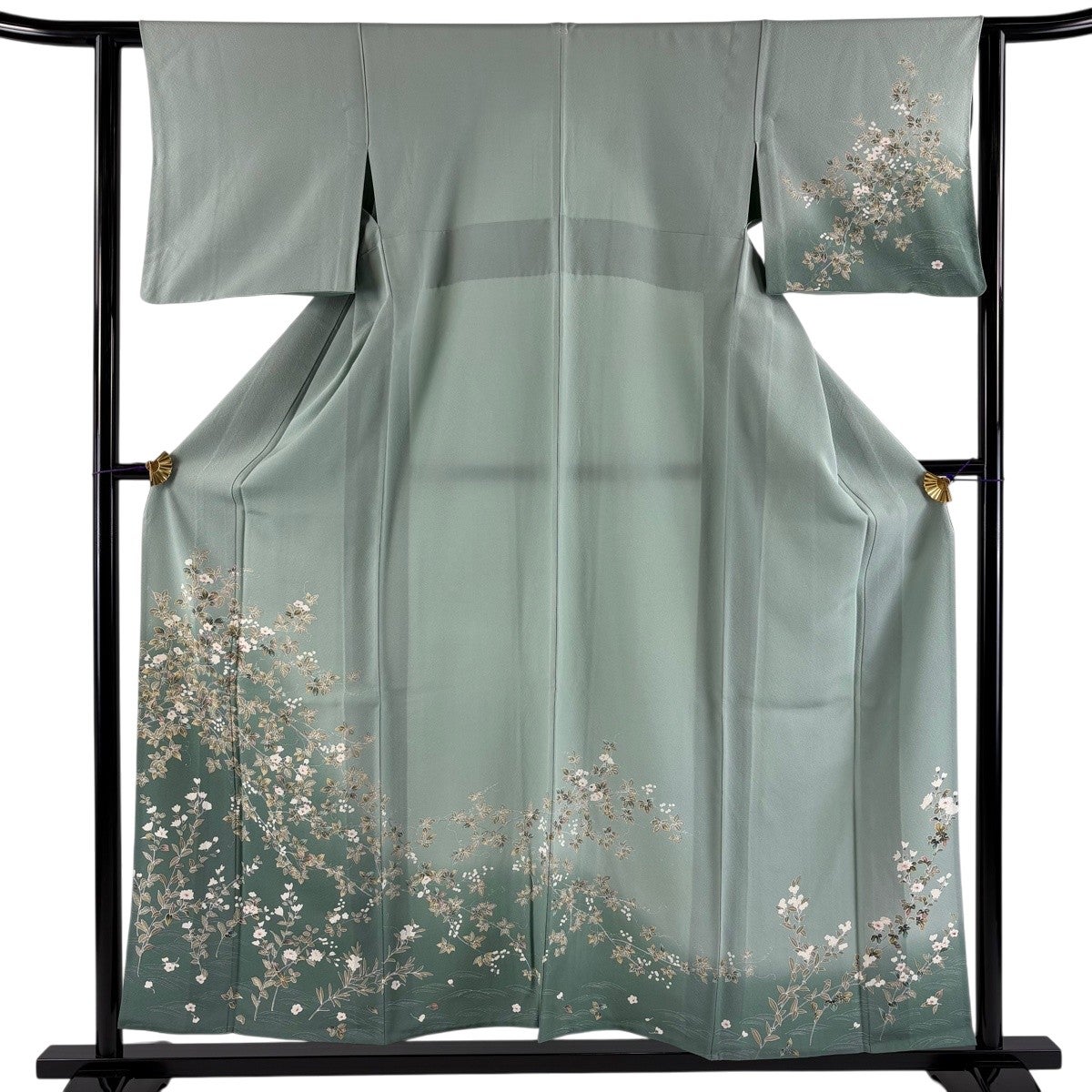 訪問着 身丈156.5cm 裄丈61cm S 単衣 枝花 波 ぼかし 薄緑 正絹 秀品